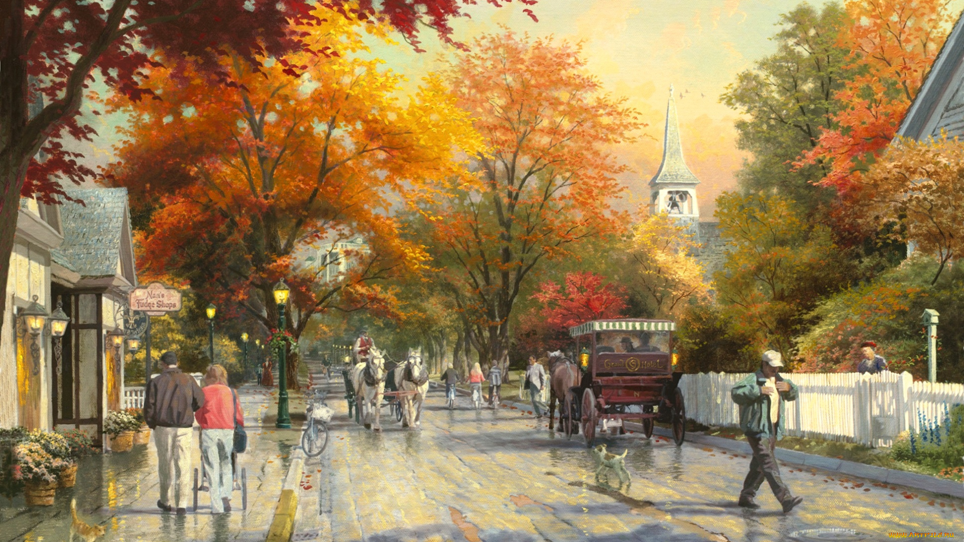 autumn, on, mackinac, island, рисованные, thomas, kinkade, улица, городок, деревня, осень, поселок