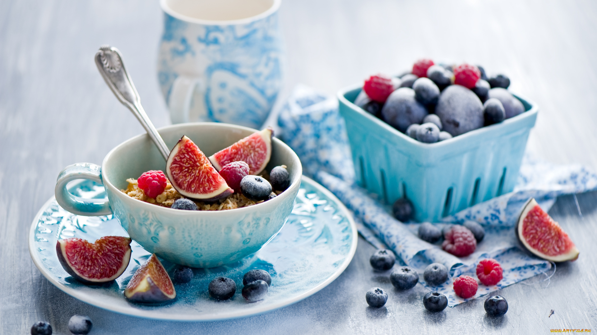 еда, фрукты, ягоды, голубика, инжир, малина, чашка, мюсли