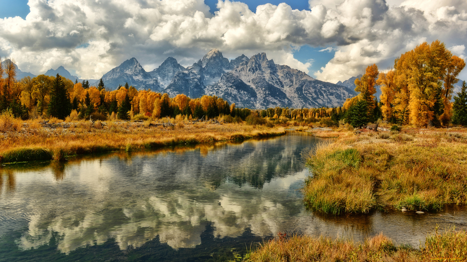 grand, teton, national, park, природа, реки, озера, речка, горы, отражение, пейзаж, осень
