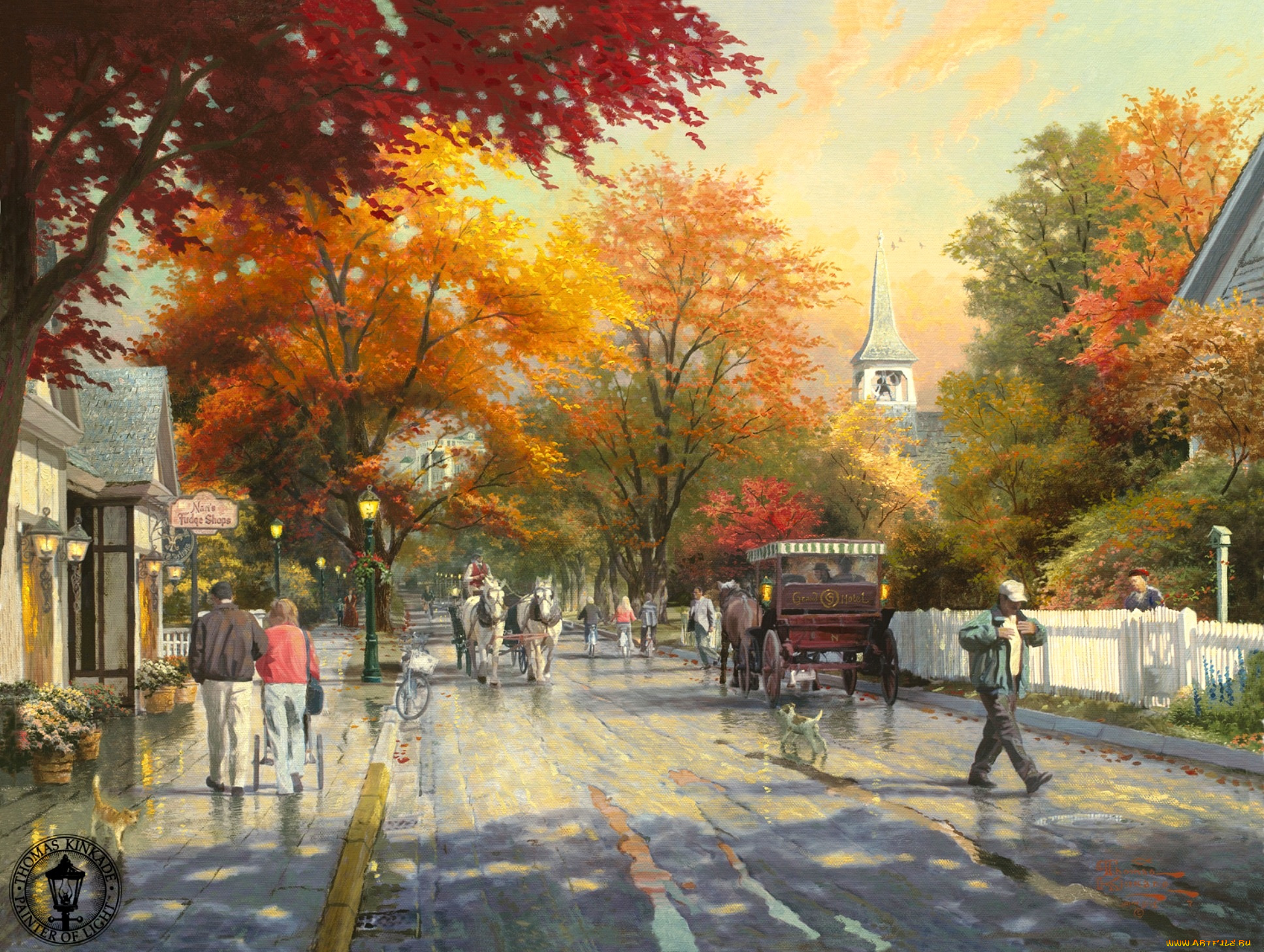 autumn, on, mackinac, island, рисованные, thomas, kinkade, улица, городок, деревня, осень, поселок