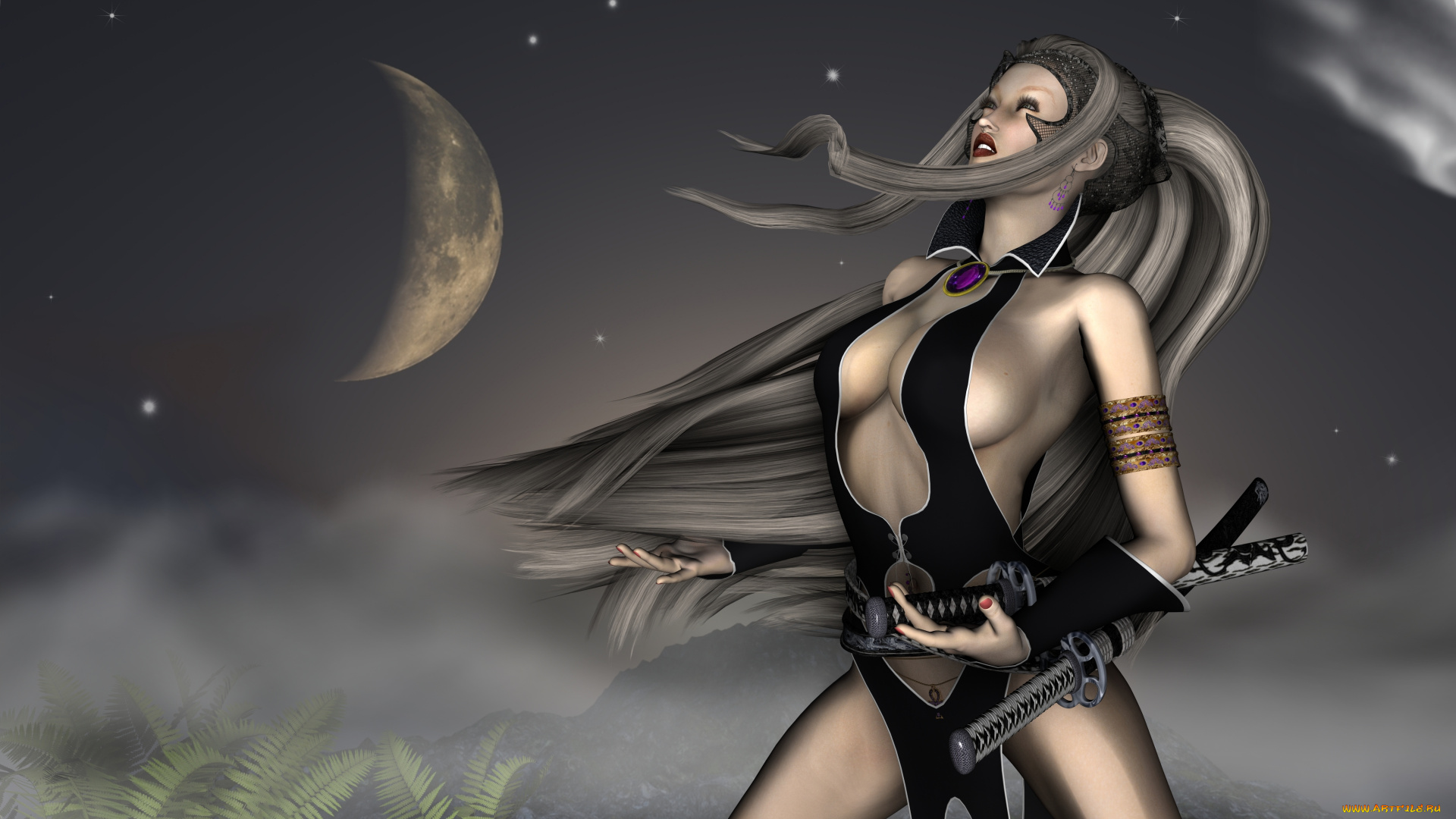 3д, графика, amazon, амазонки, девушка, луна, мечи