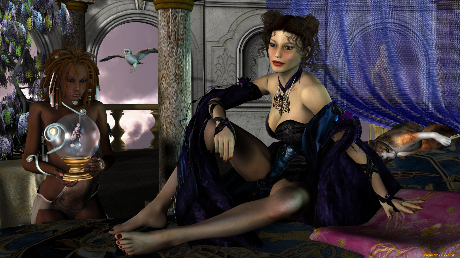 3д, графика, fantasy, фантазия, девушки, сова, кот