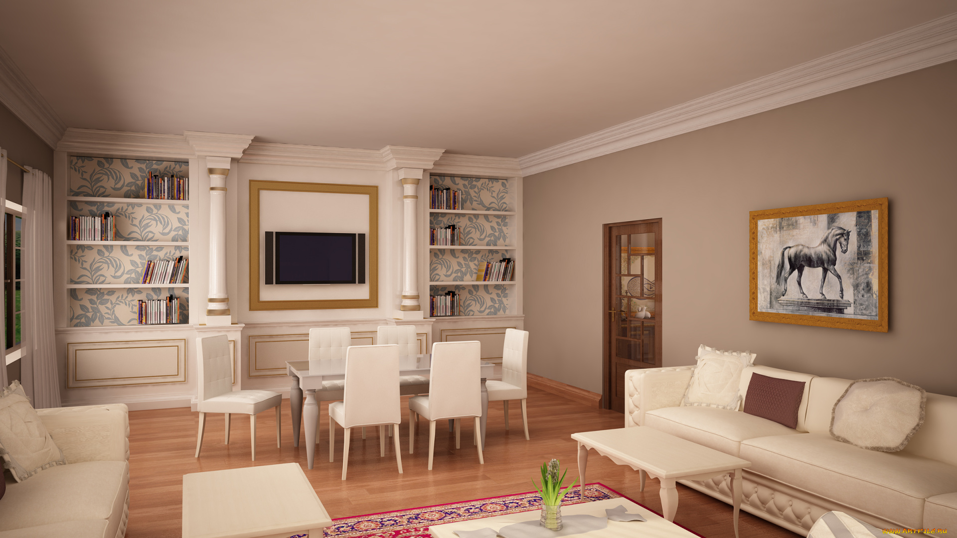 3д, графика, realism, реализм, диван, стол, стулья, картина, подушки, полки, книги
