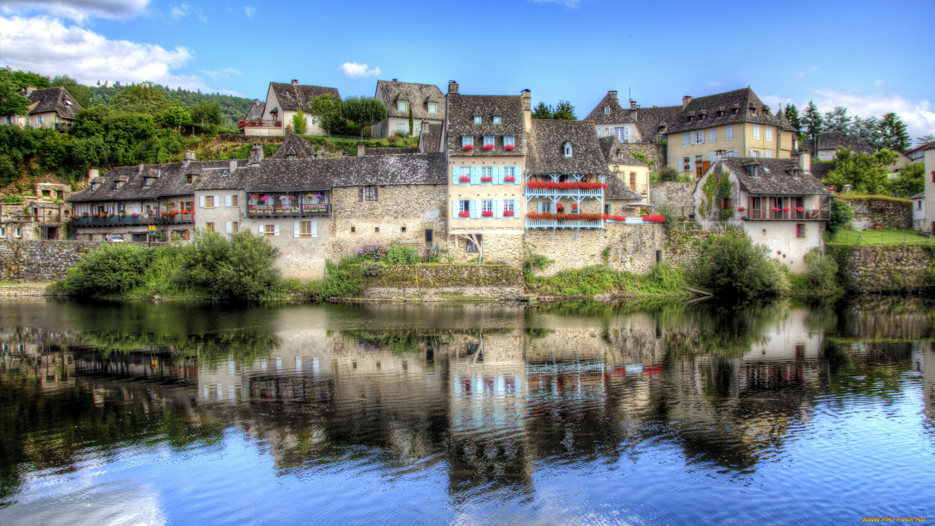 франция, лимузен, аржанта, города, пейзажи, река, дома, кусты, пейзаж