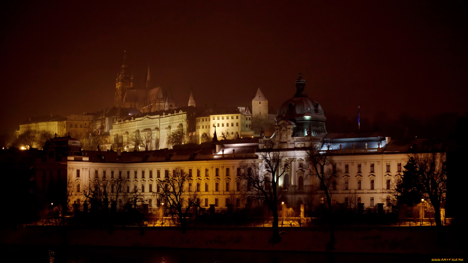 города, прага, Чехия, ночь, огни, дома, река