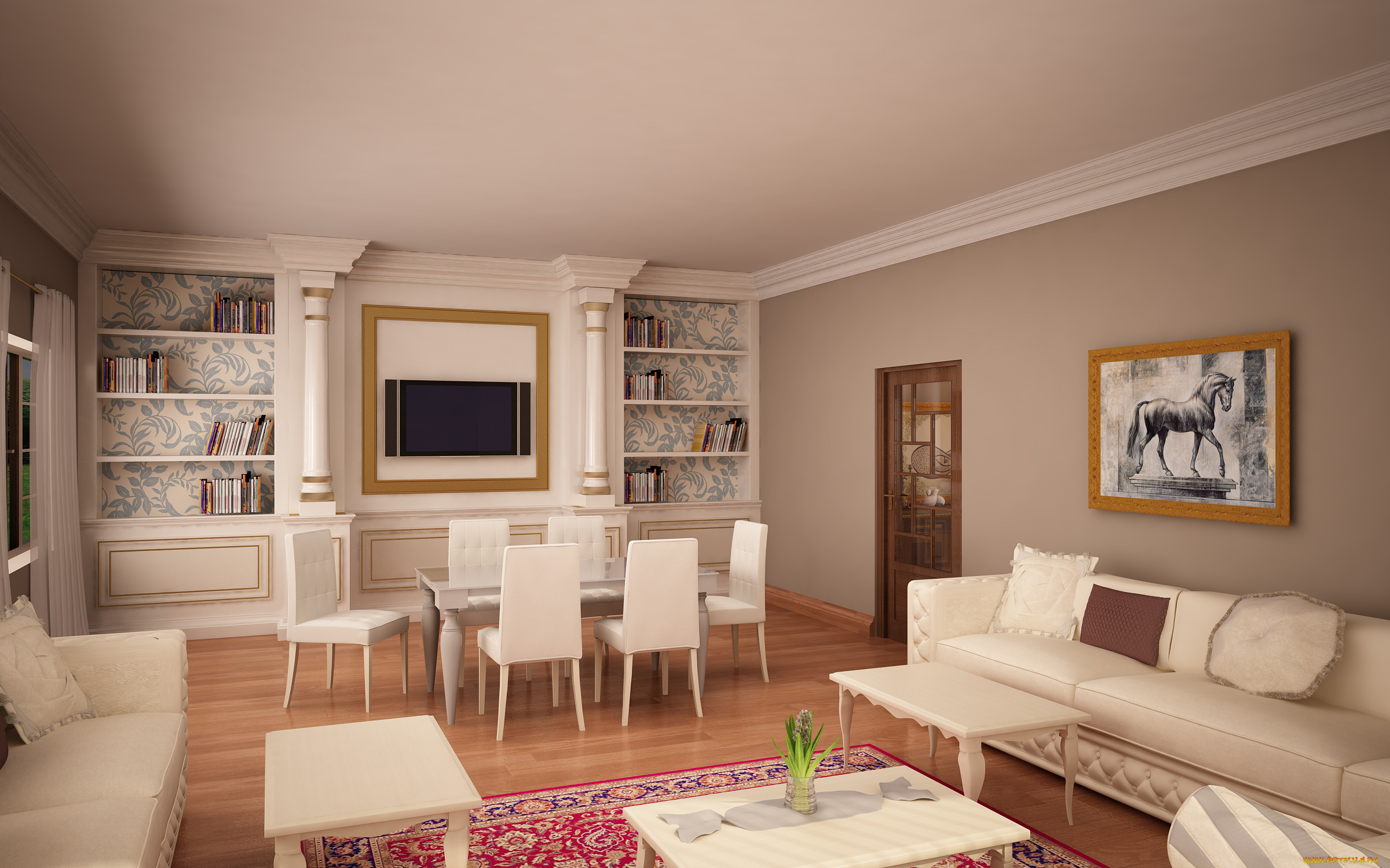 3д, графика, realism, реализм, диван, стол, стулья, картина, подушки, полки, книги