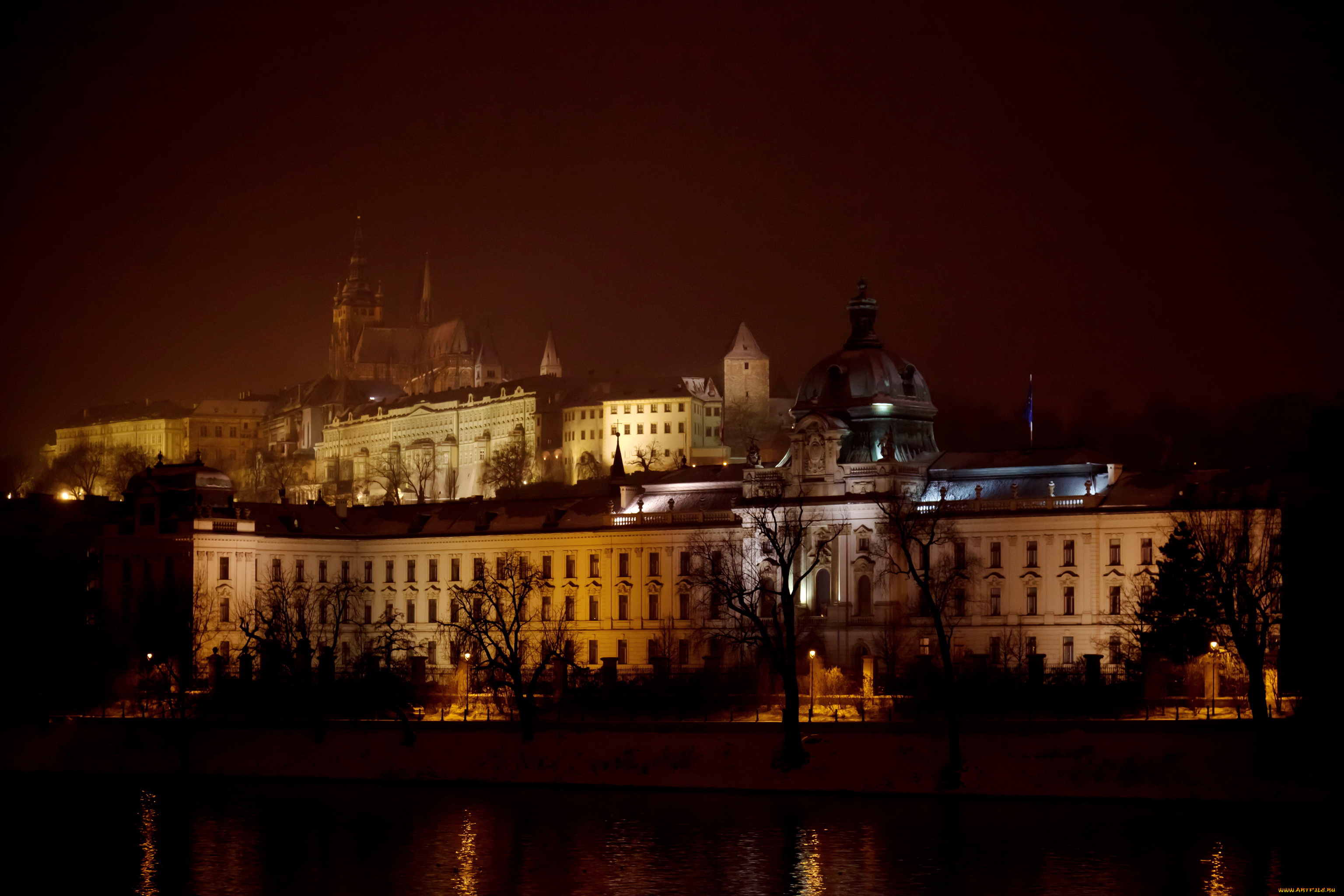 города, прага, Чехия, ночь, огни, дома, река