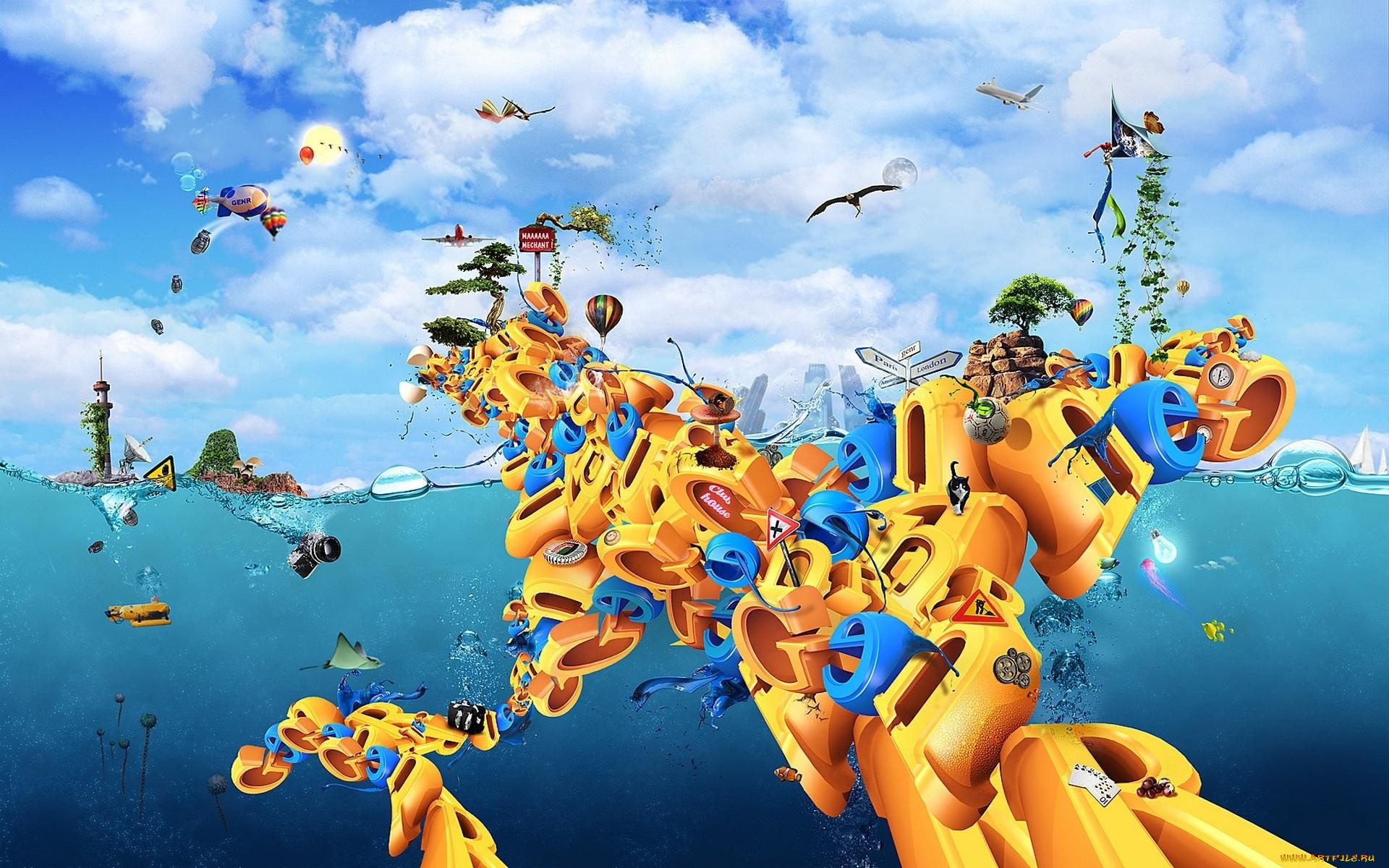 разное, компьютерный, дизайн, дирижабль, подводная, лодка, фотоаппарат, гора, указатель, здания, башня, пузыри, дома, буквы, монстр, море, небо, облака, город, самолет, шар