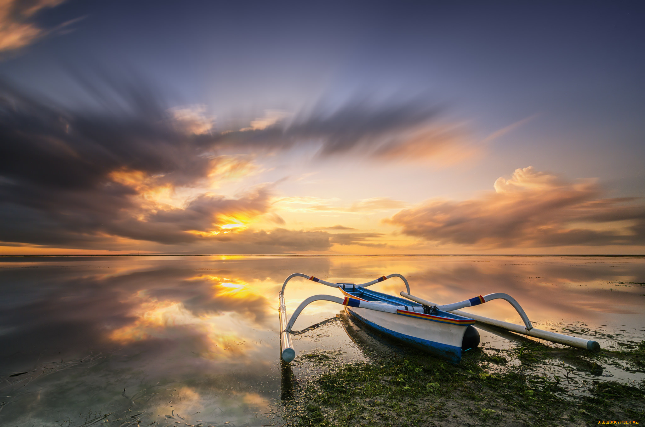 корабли, лодки, , шлюпки, рассвет, океан, каноэ, балансиры