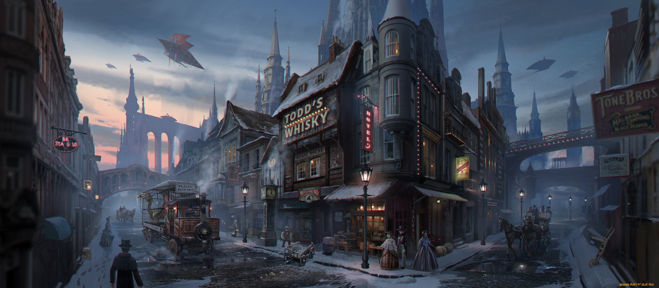 фэнтези, иные, миры, , иные, времена, иной, мир, стимпанк, дирижабли, город, улица
