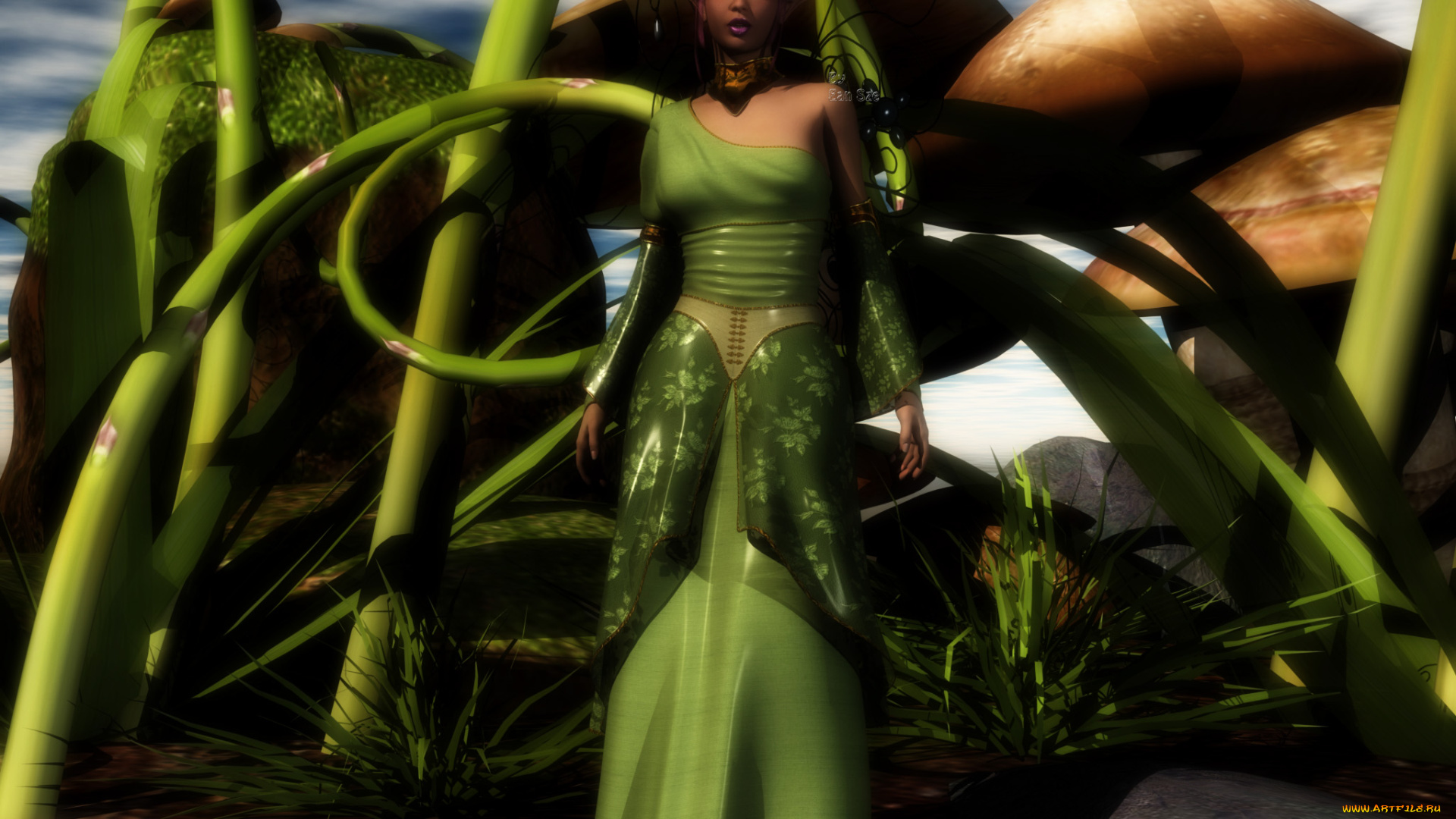 3д, графика, эльфы, , elves, девушка, взгляд, фон, растения