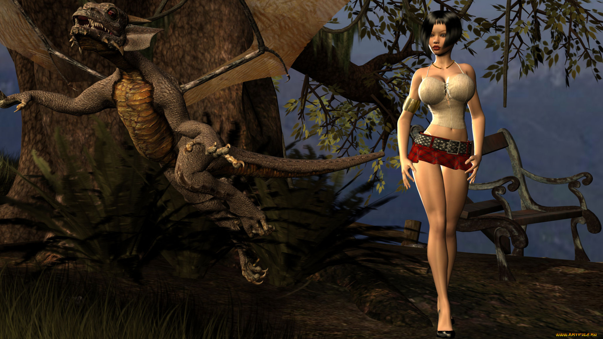 3д, графика, фантазия, , fantasy, девушка, взгляд, фон, дракон