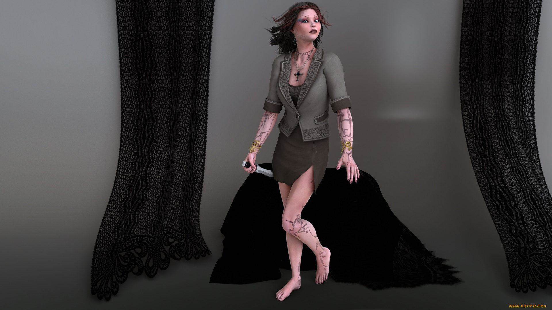 3д, графика, фантазия, , fantasy, взгляд, девушка, нож, фон, тату