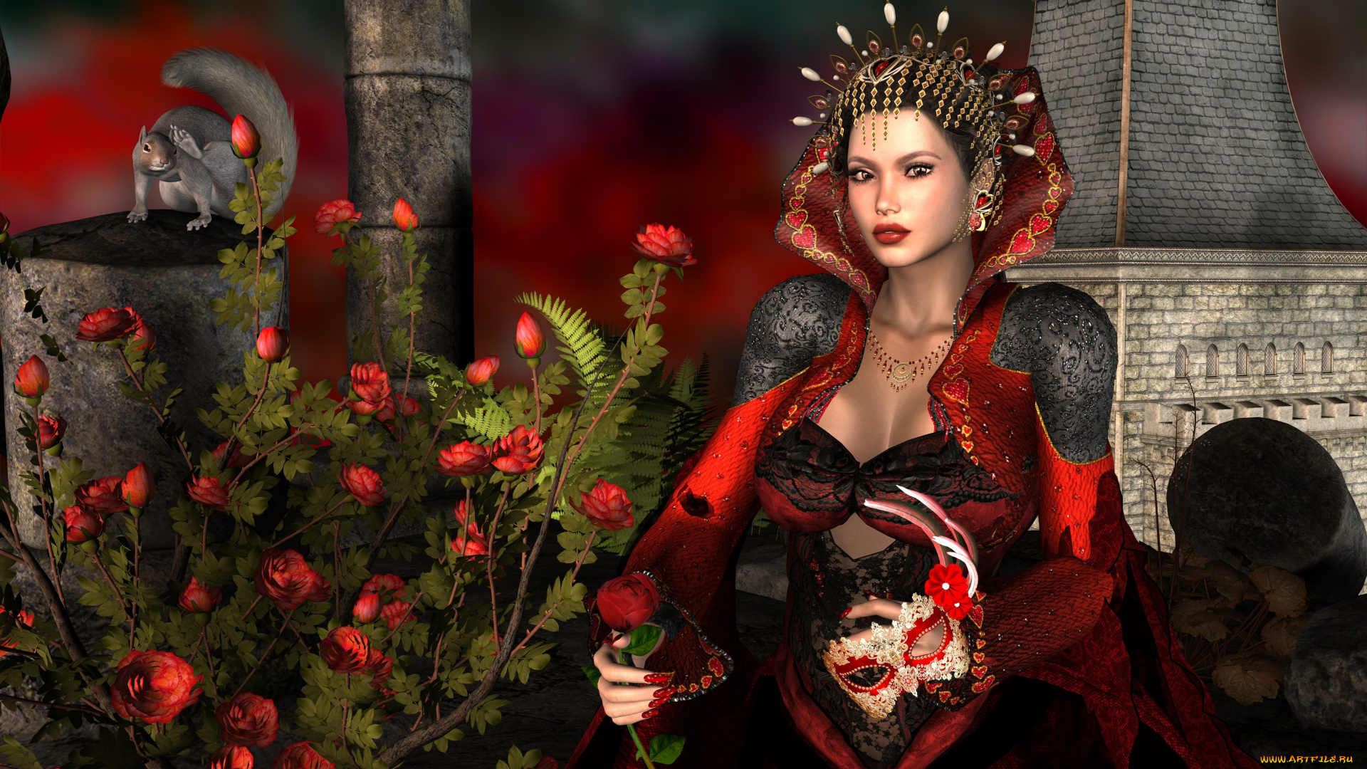 3д, графика, люди, , people, девушка, взгляд, фон, цветы, белка