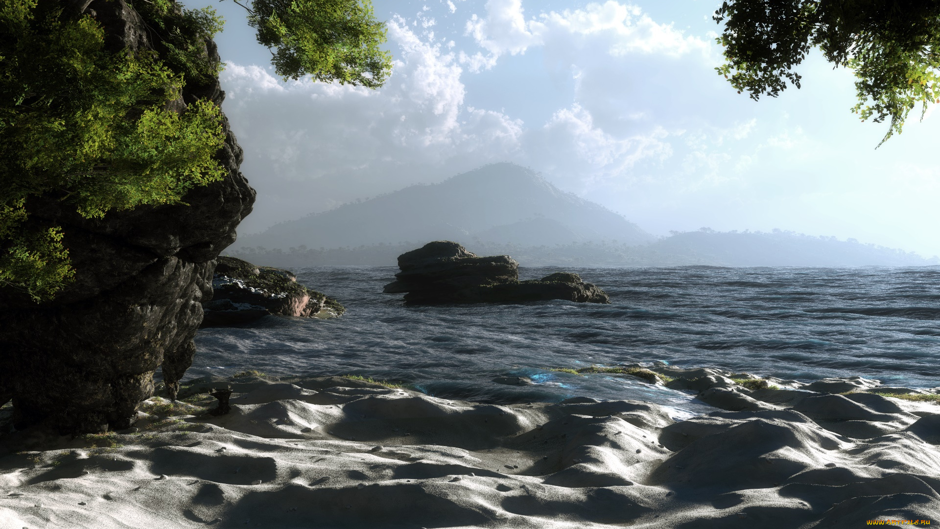 3д, графика, природа, , nature, песок, море, скалы, горы, облака