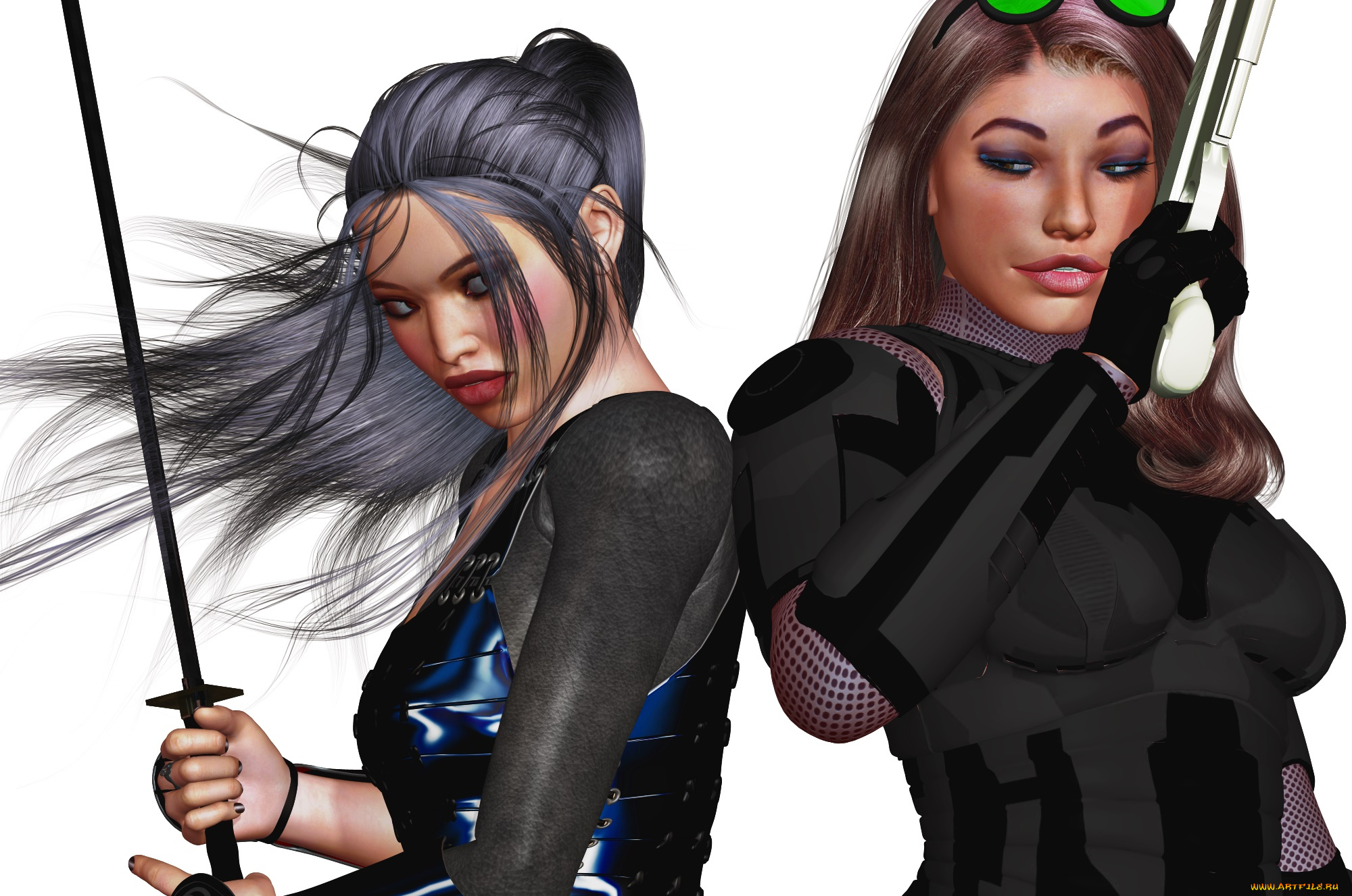 3д, графика, фантазия, , fantasy, девушки, взгляд, фон, оружие