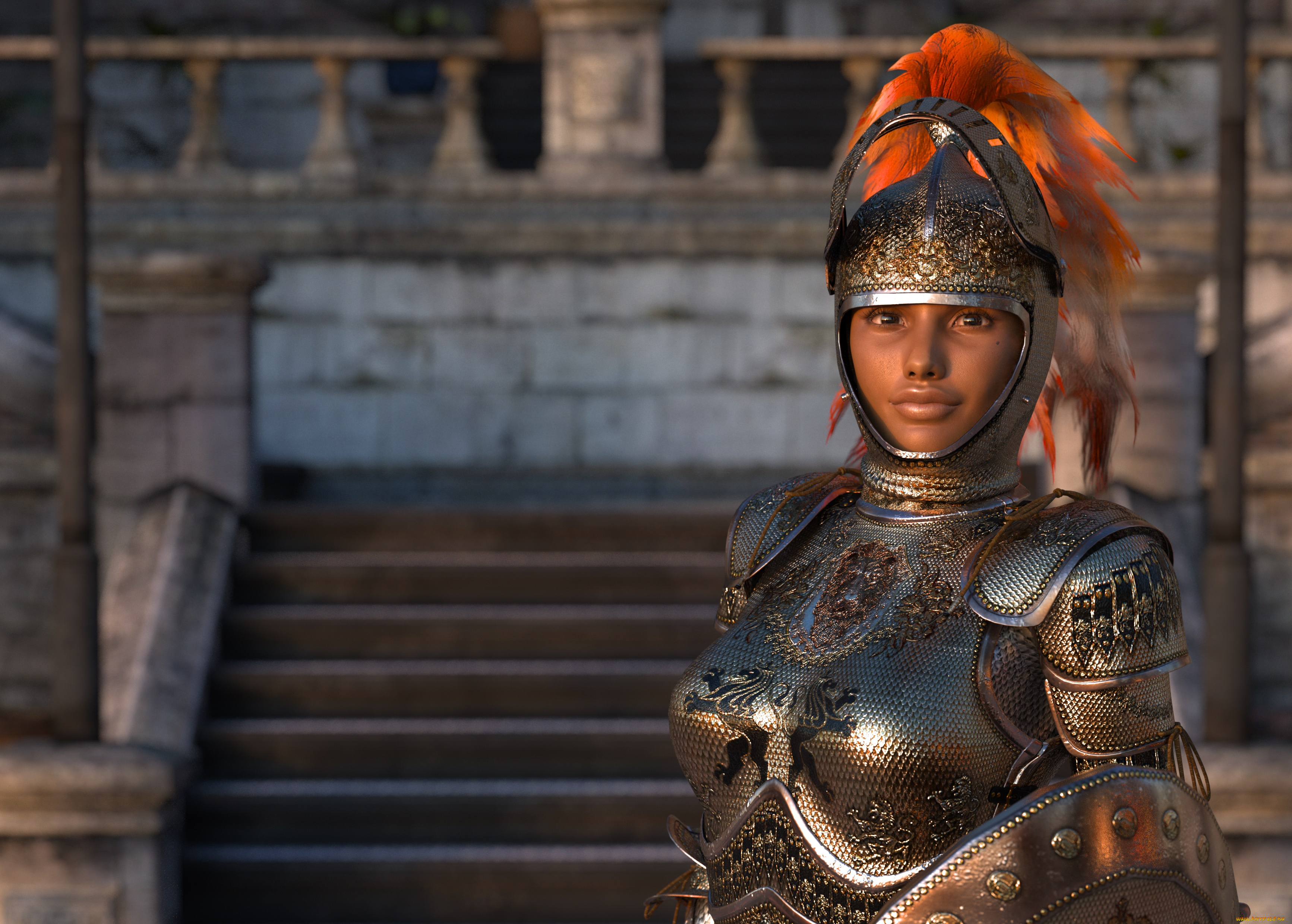 3д, графика, амазонки, , amazon, девушка, фон, взгляд, доспехи