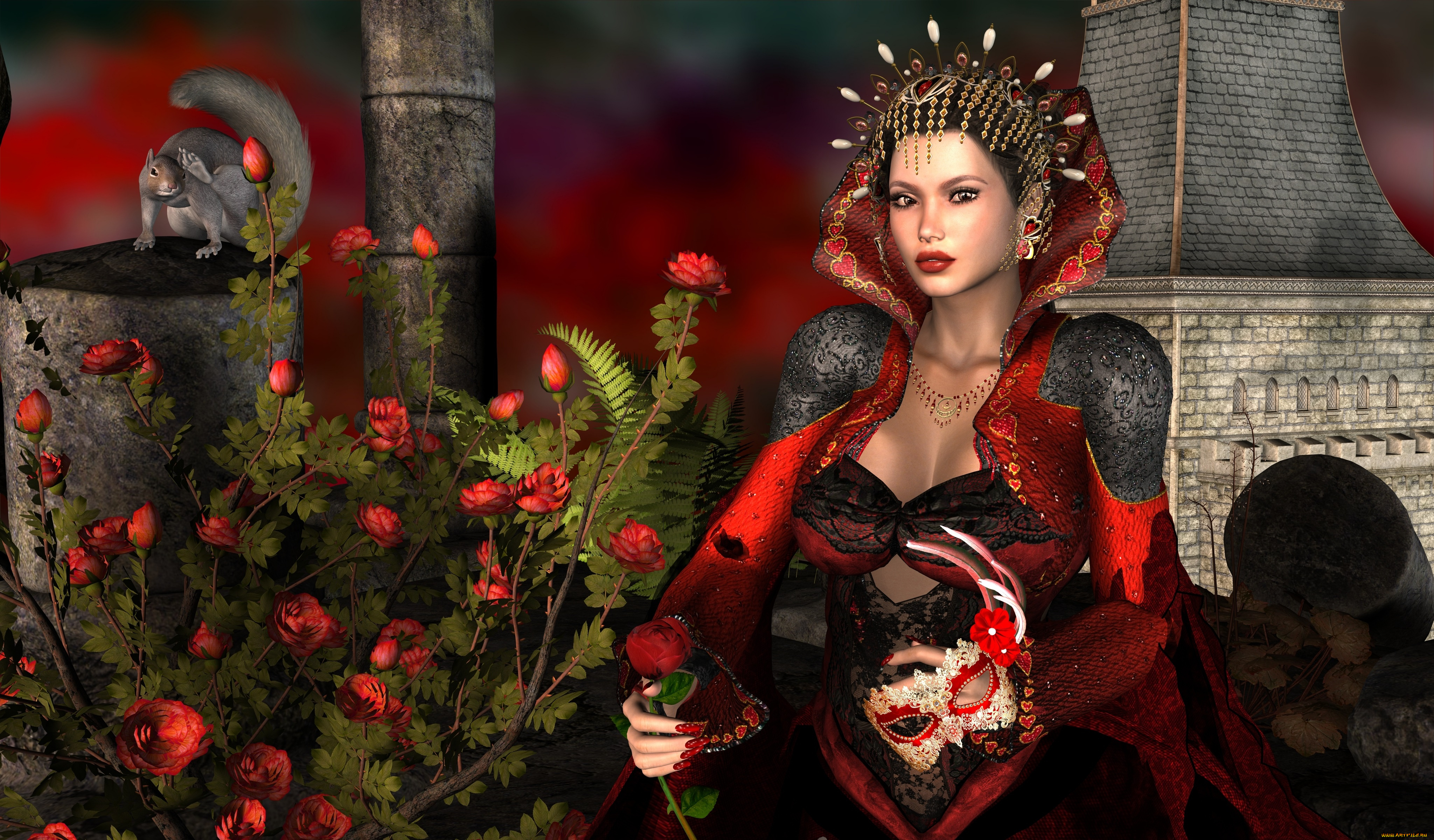 3д, графика, люди, , people, девушка, взгляд, фон, цветы, белка