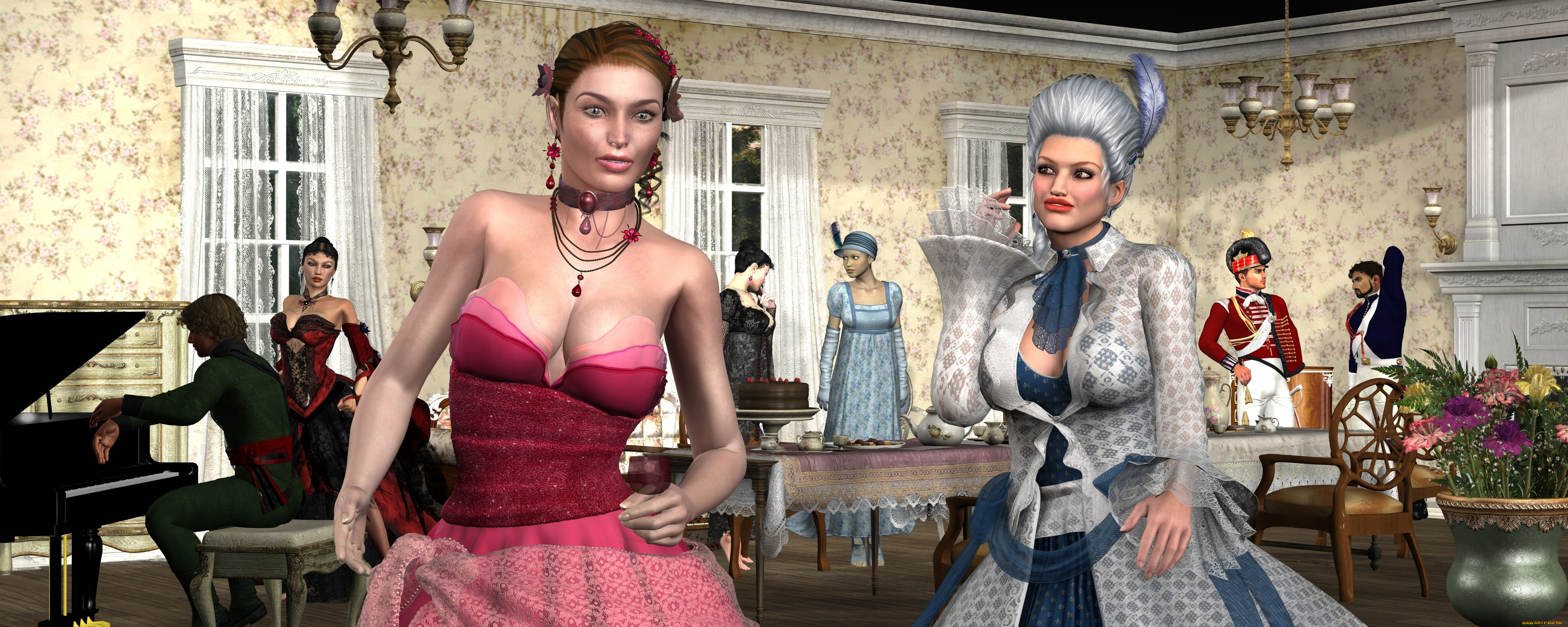 3д, графика, люди, , people, девушки, взгляд, фон, интерьер