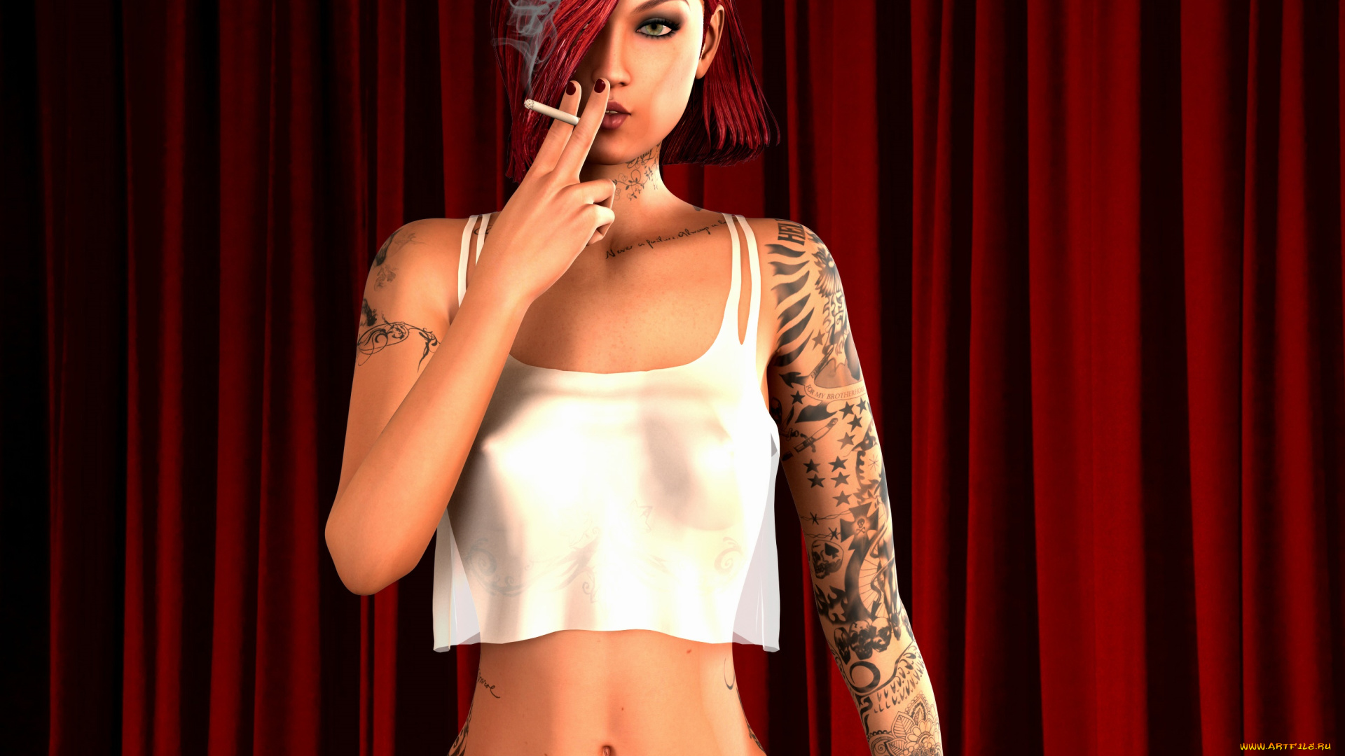 3д, графика, люди, , people, рыжая, грудь, фон, взгляд, девушка, тату