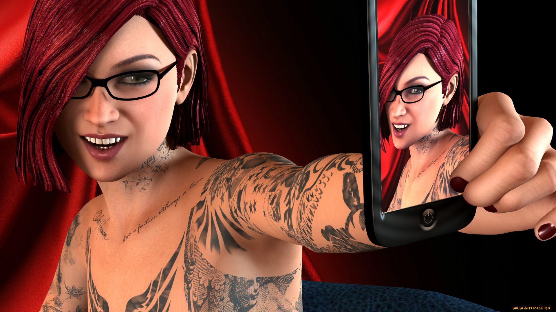 3д, графика, люди, , people, рыжая, грудь, взгляд, фон, девушка, тату