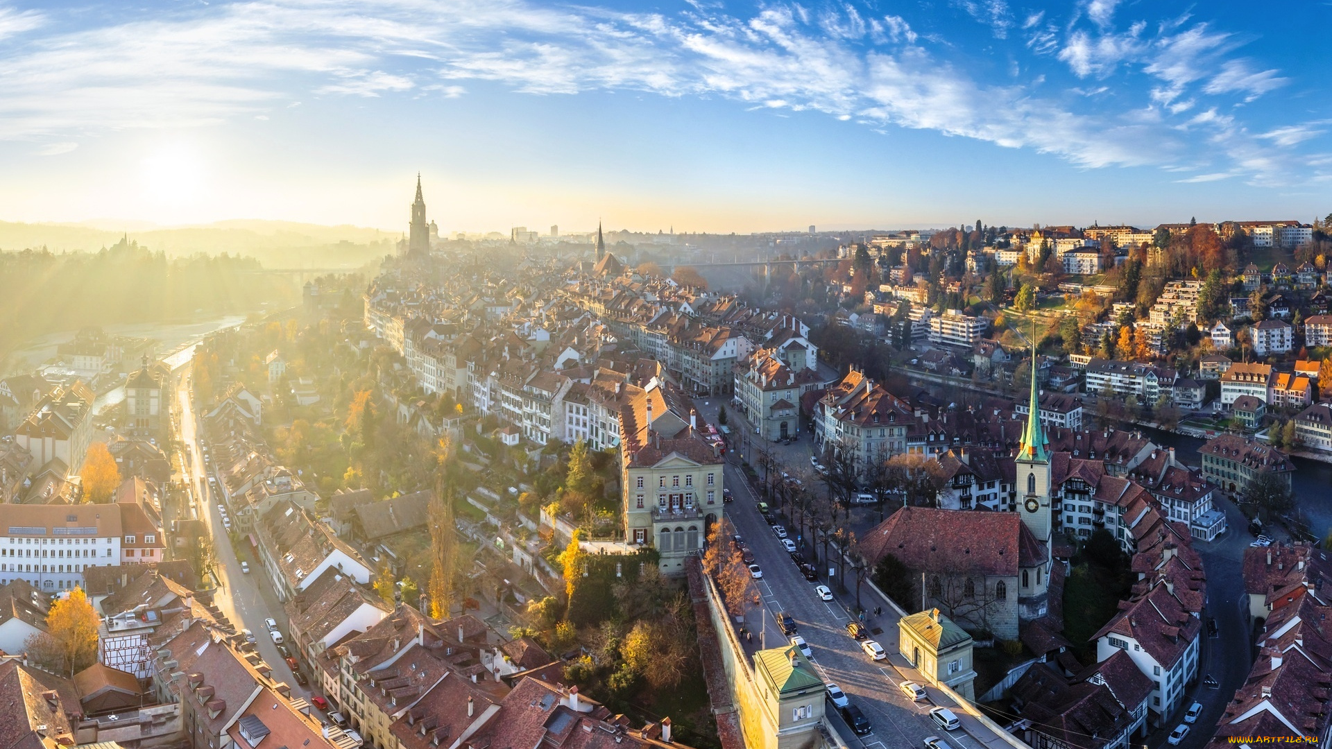 берн, , швейцария, города, берн, , швейцария, панорама, небо, облака, улица, дома, здания, осень