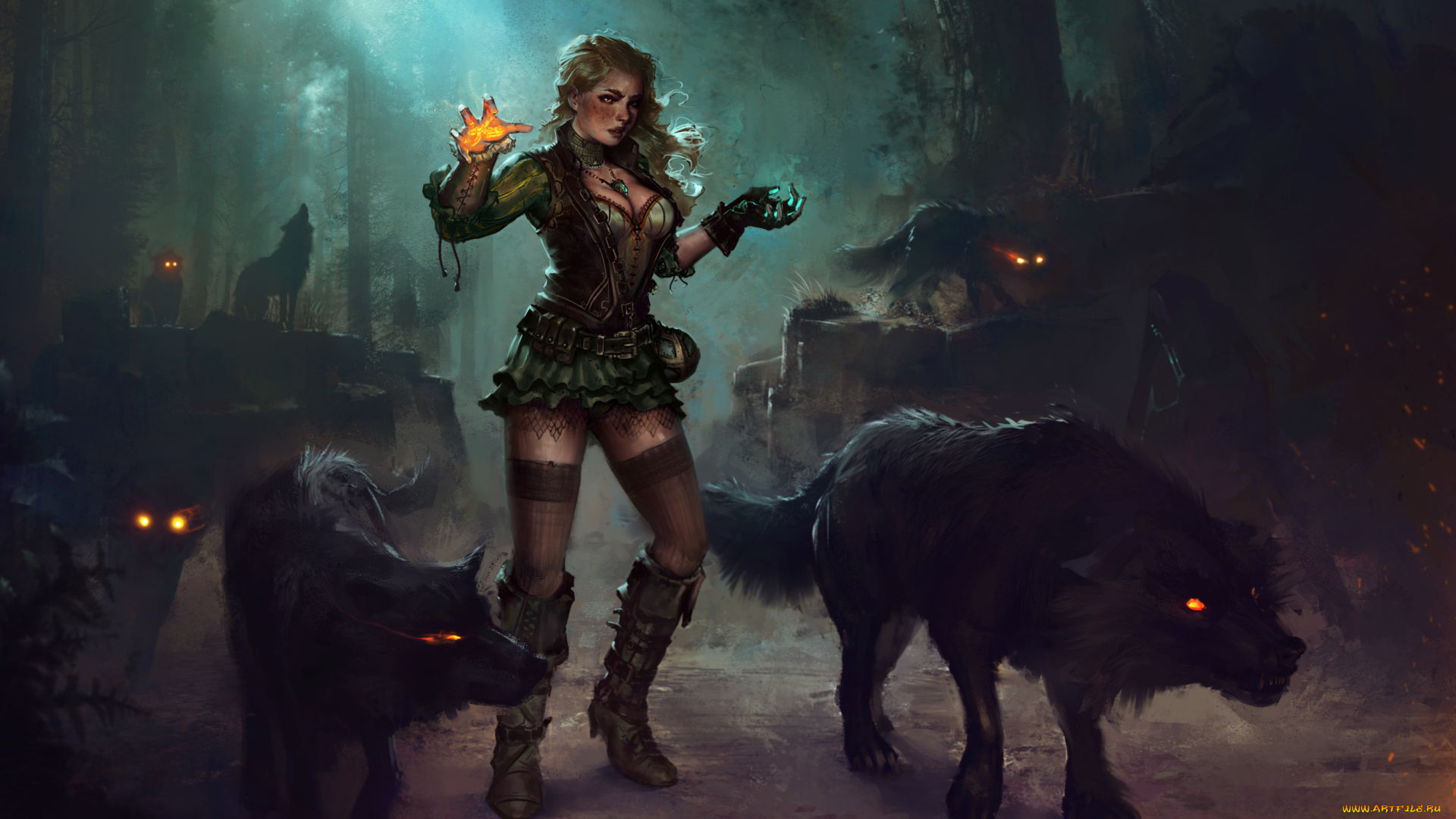 фэнтези, красавицы, и, чудовища, арт, блондинка, маг, девушка, лес, ведьма, платье, волк, ночь