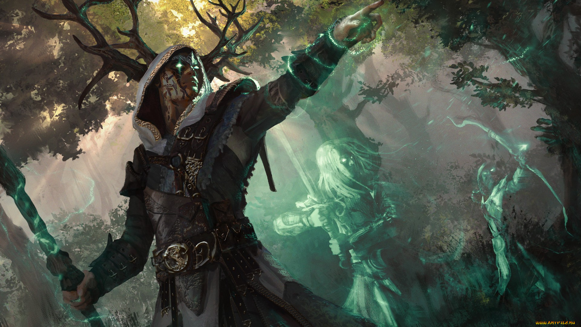 фэнтези, призраки, лес, рога, маг, магия, посох, духи