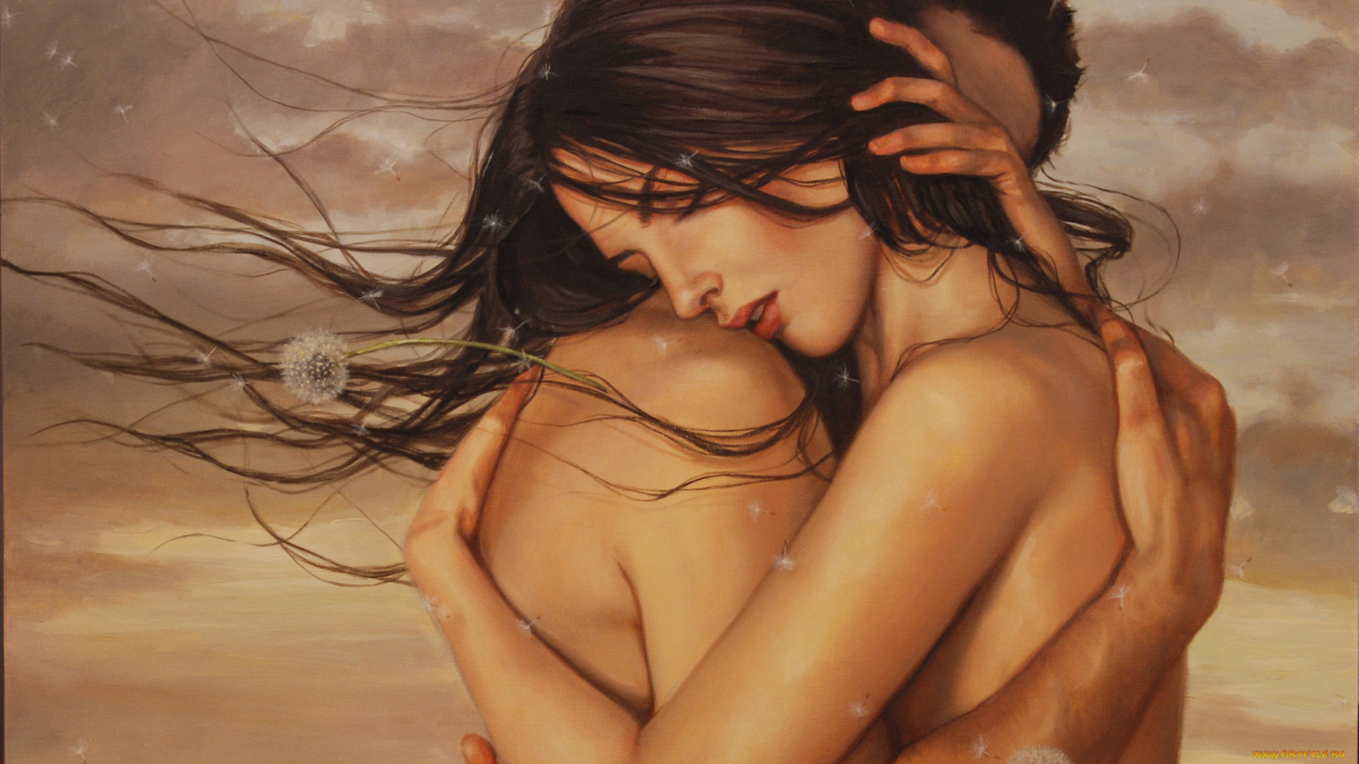 рисованное, люди, одуванчик, любовь, пара