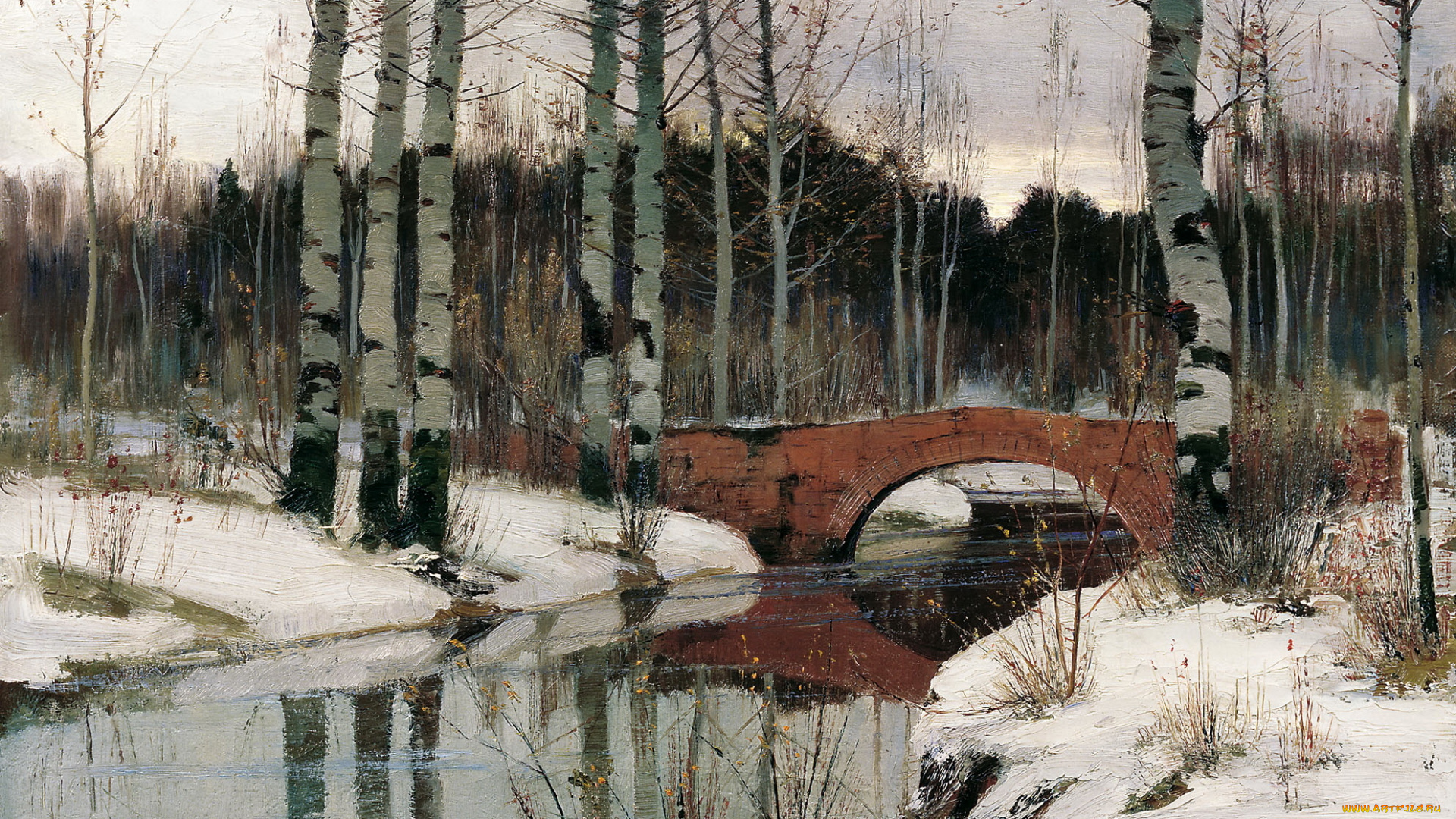 рисованное, живопись, снег, оттепель, в, гатчине, лес, берёзы, небо, вода, деревья, берггольц, мост, пейзаж