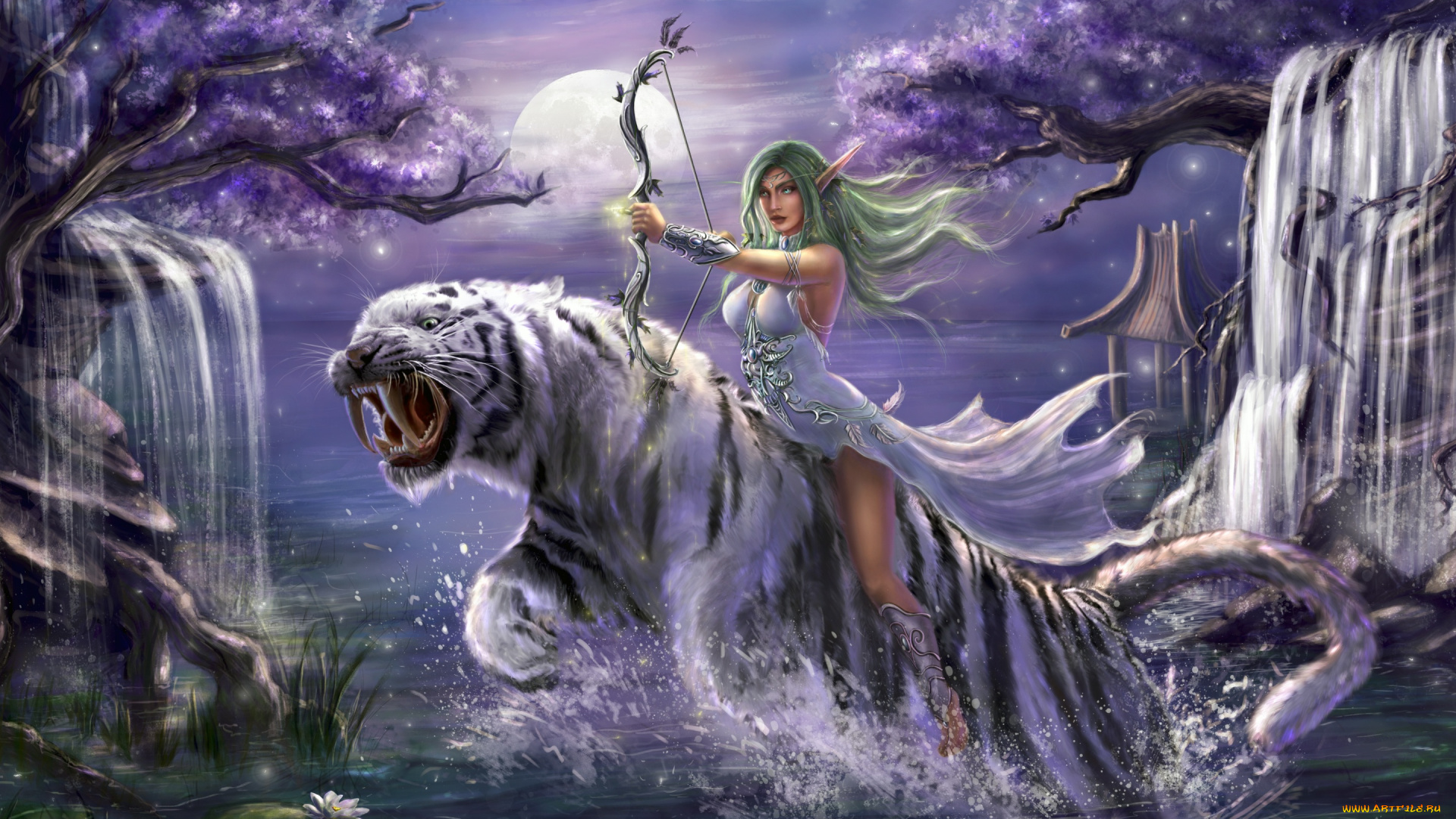 видео, игры, world, of, warcraft, лук, эльфийка, ночь, девушка, тигр, warcraft, прыжок, водопады, деревья, tyrande, whisperwind