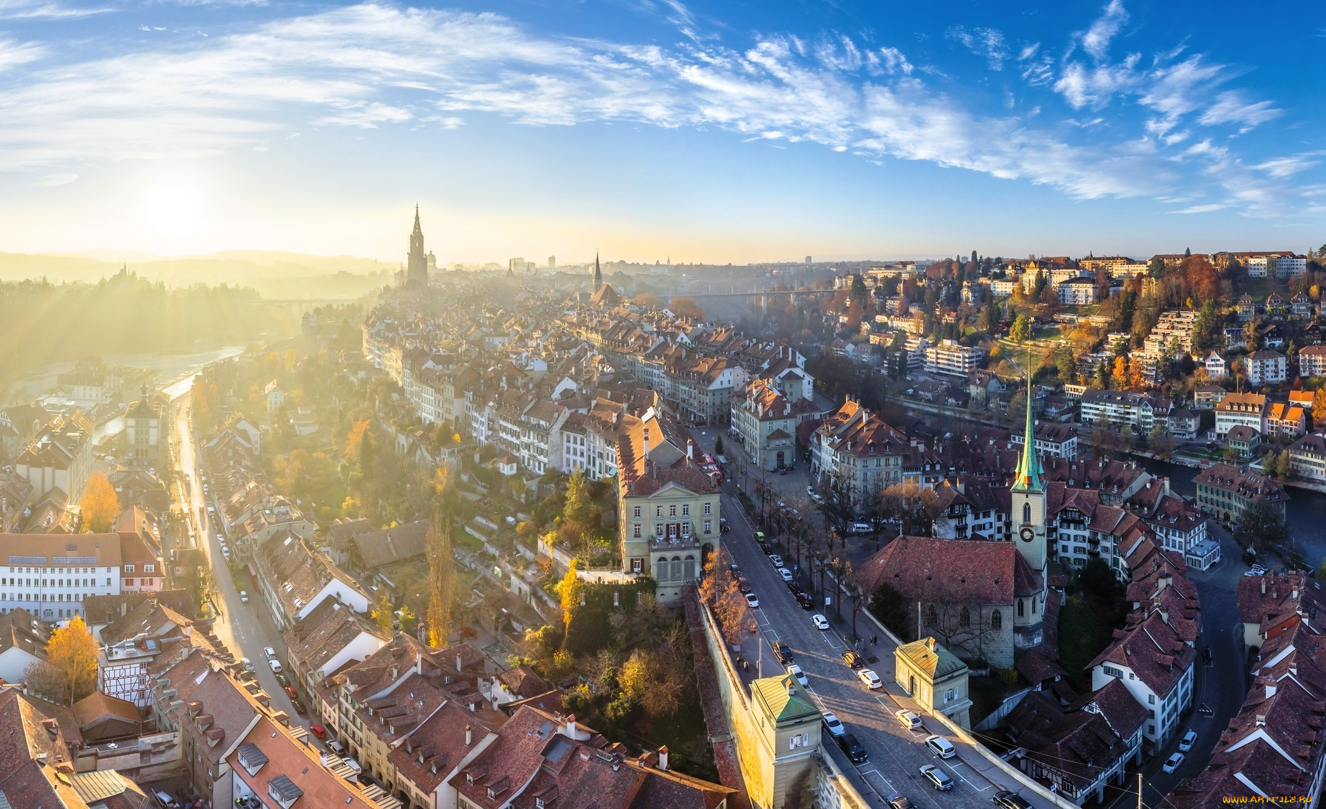 берн, , швейцария, города, берн, , швейцария, панорама, небо, облака, улица, дома, здания, осень