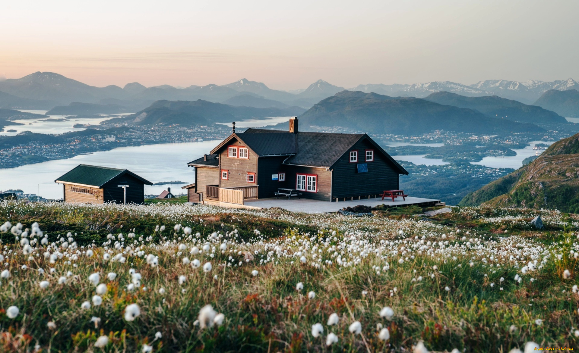 города, -, здания, , дома, горы, озера, луга, цветы, коттедж
