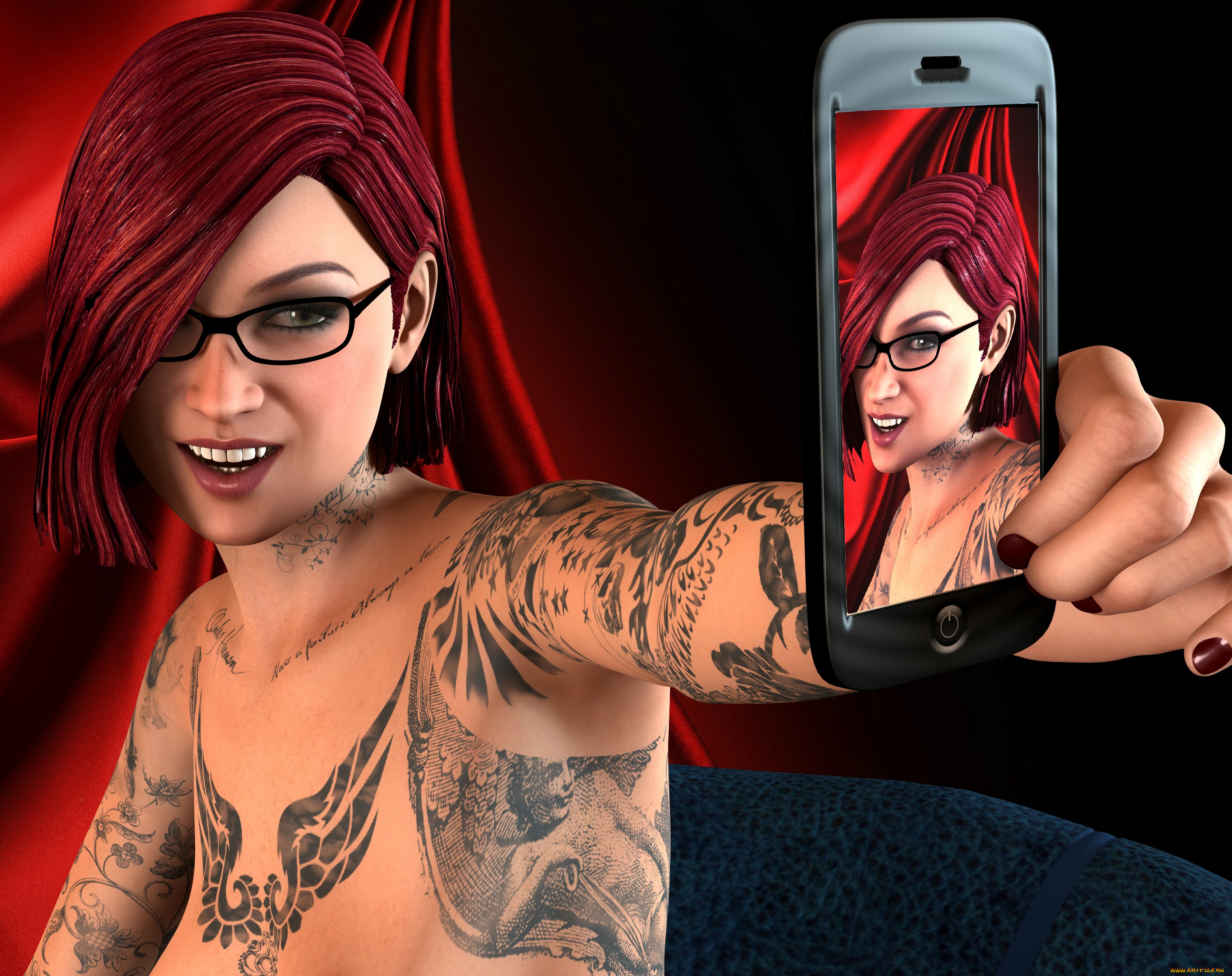 3д, графика, люди, , people, рыжая, грудь, взгляд, фон, девушка, тату