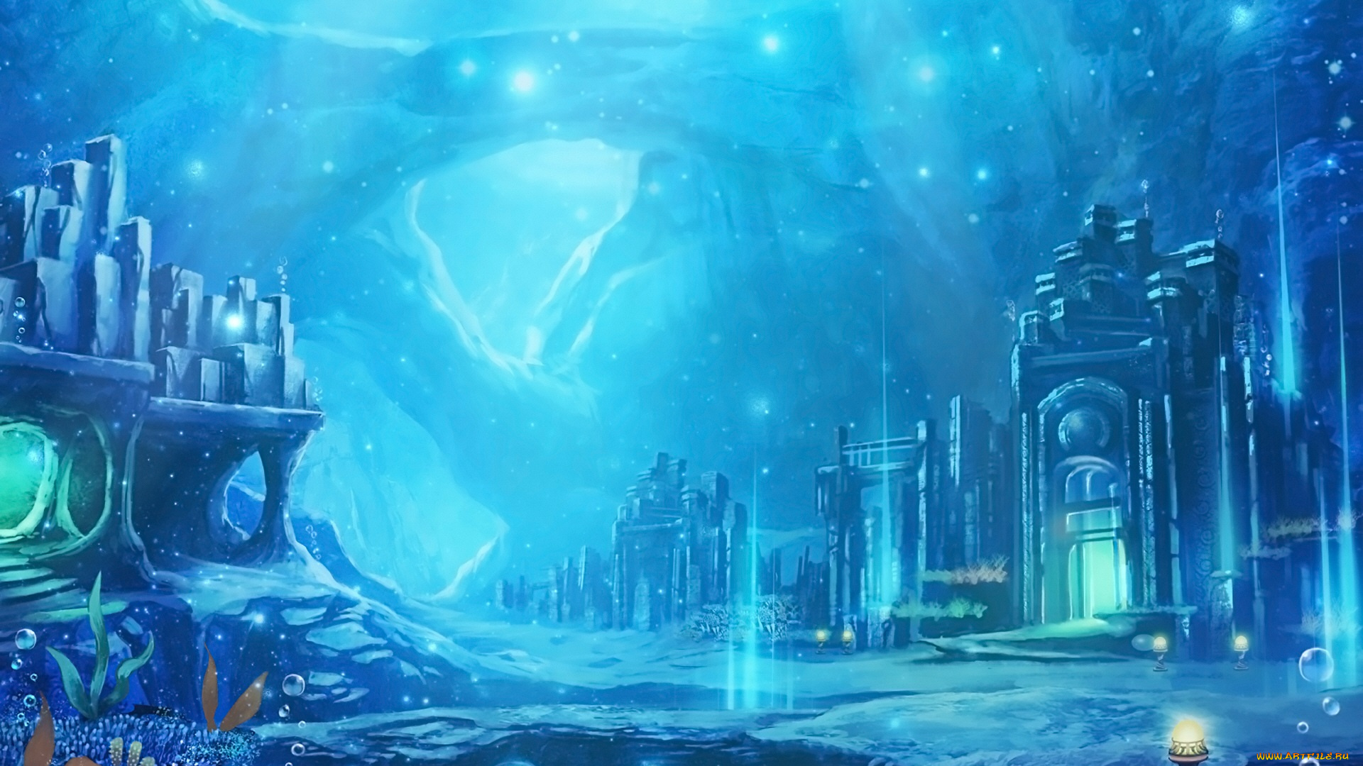 аниме, город, , улицы, , интерьер, , здания, под, водой