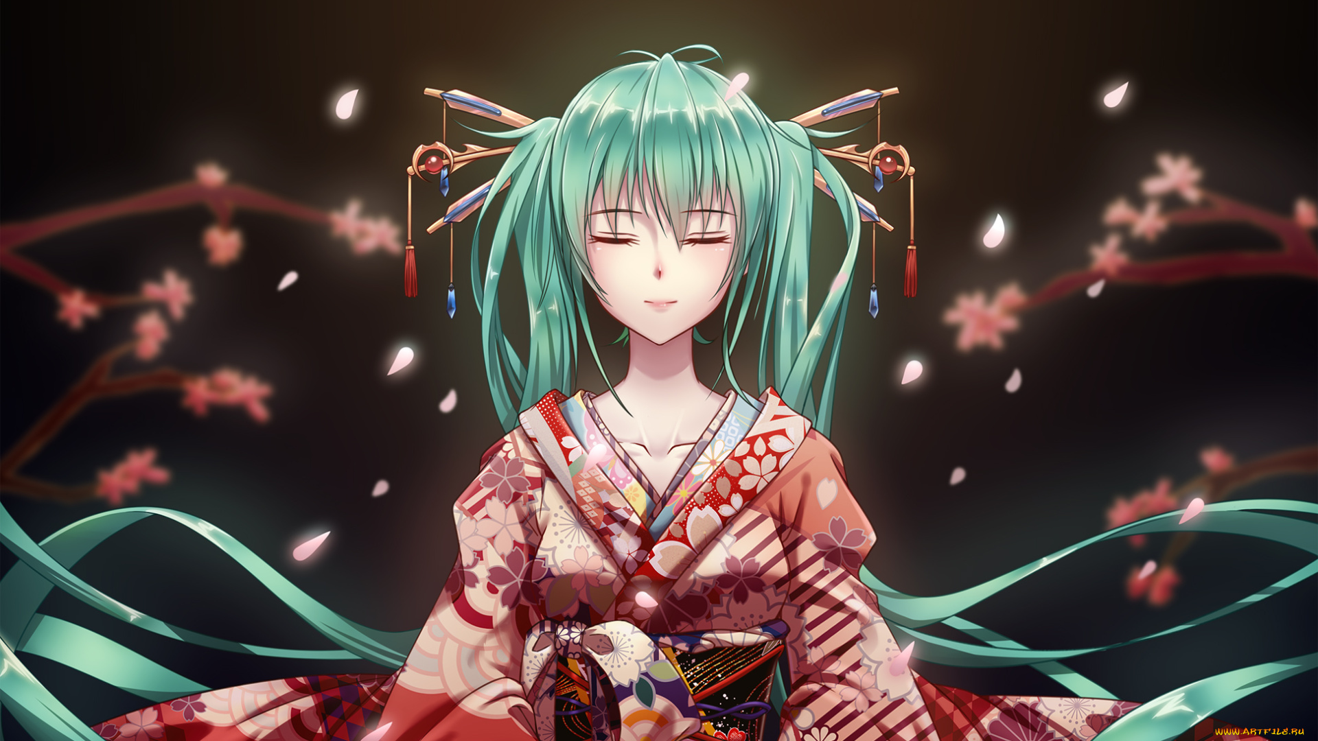 аниме, vocaloid, девушка, взгляд, фон