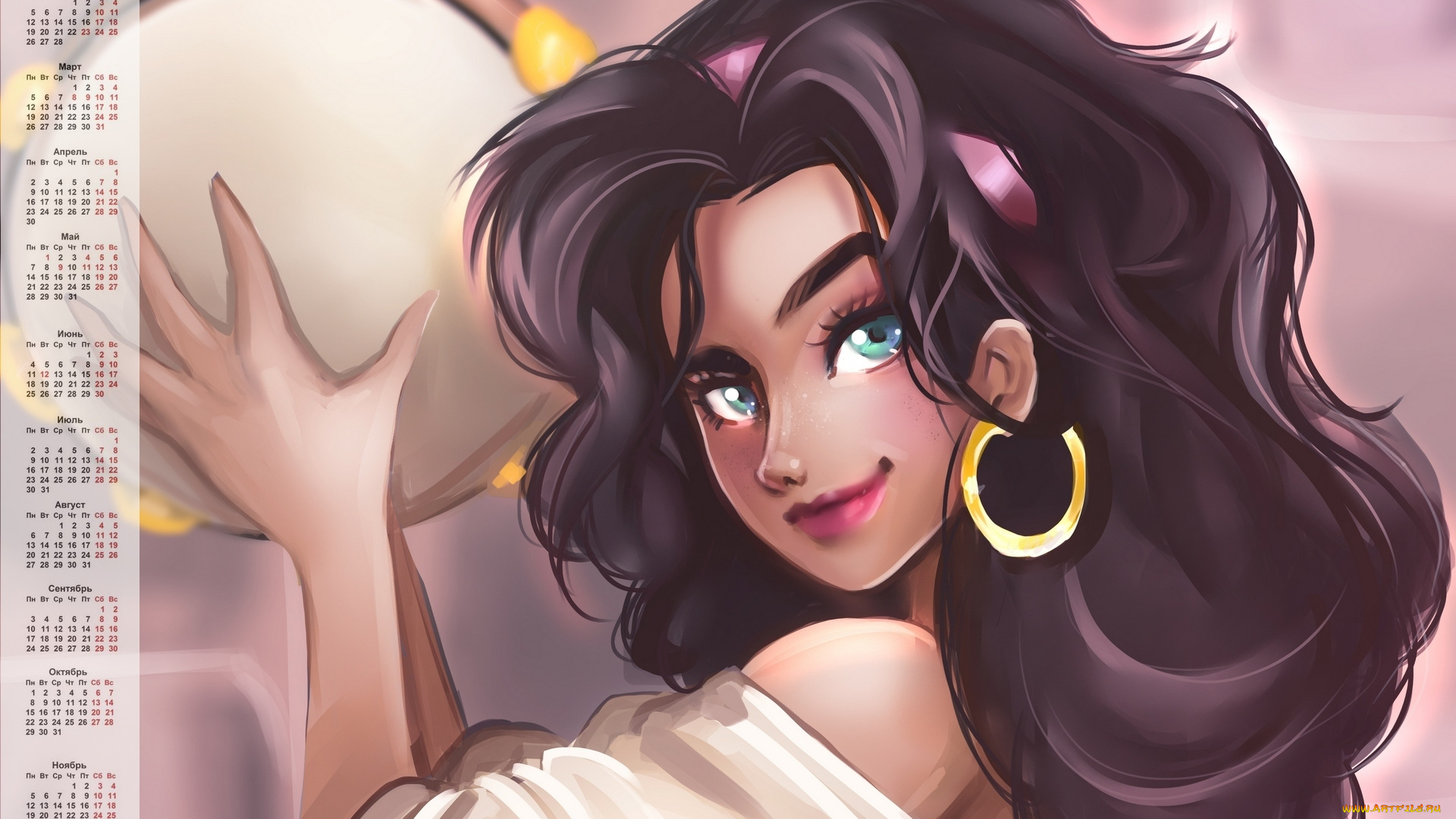 календари, кино, , мультфильмы, взгляд, серьги, бубен, эсмеральда, девушка