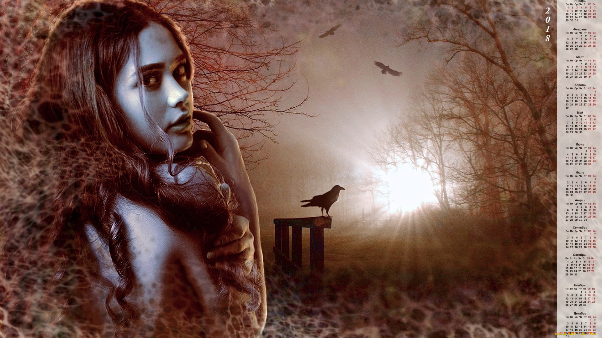 календари, компьютерный, дизайн, птица, взгляд, девушка