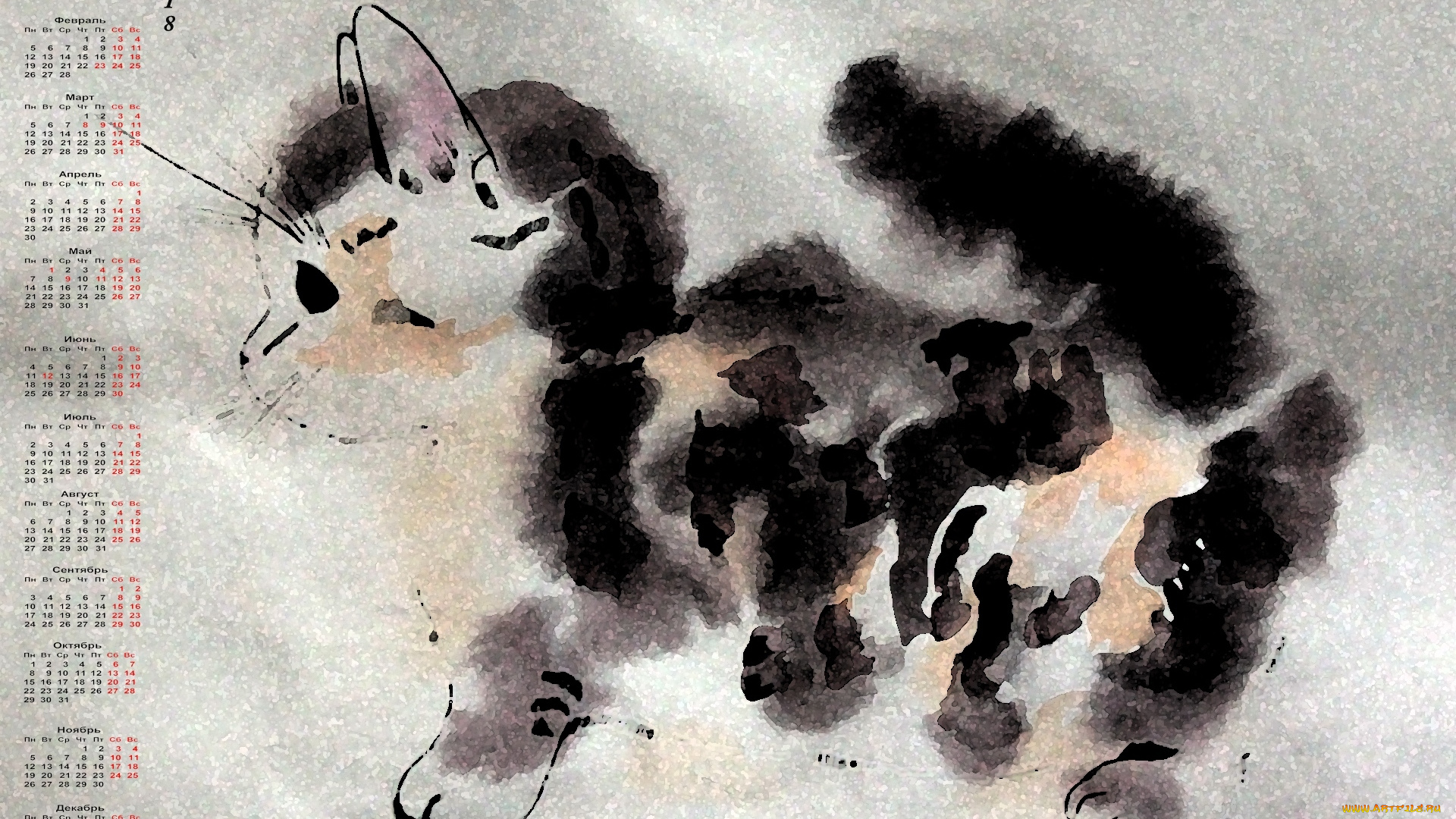 календари, рисованные, , векторная, графика, кошка