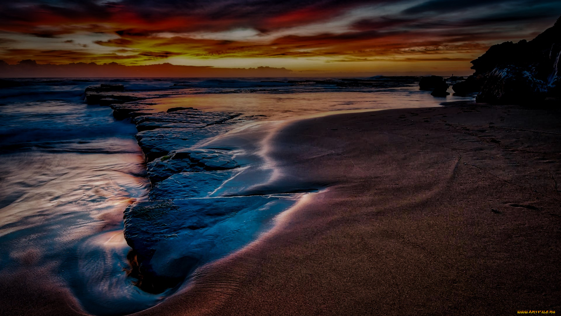 природа, побережье, ночь, камни, море