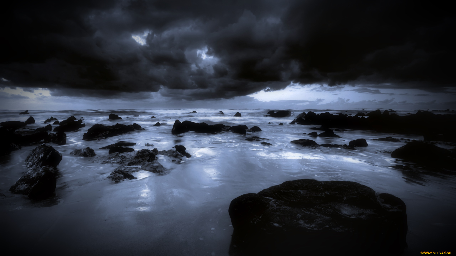 природа, побережье, ночь, камни, море