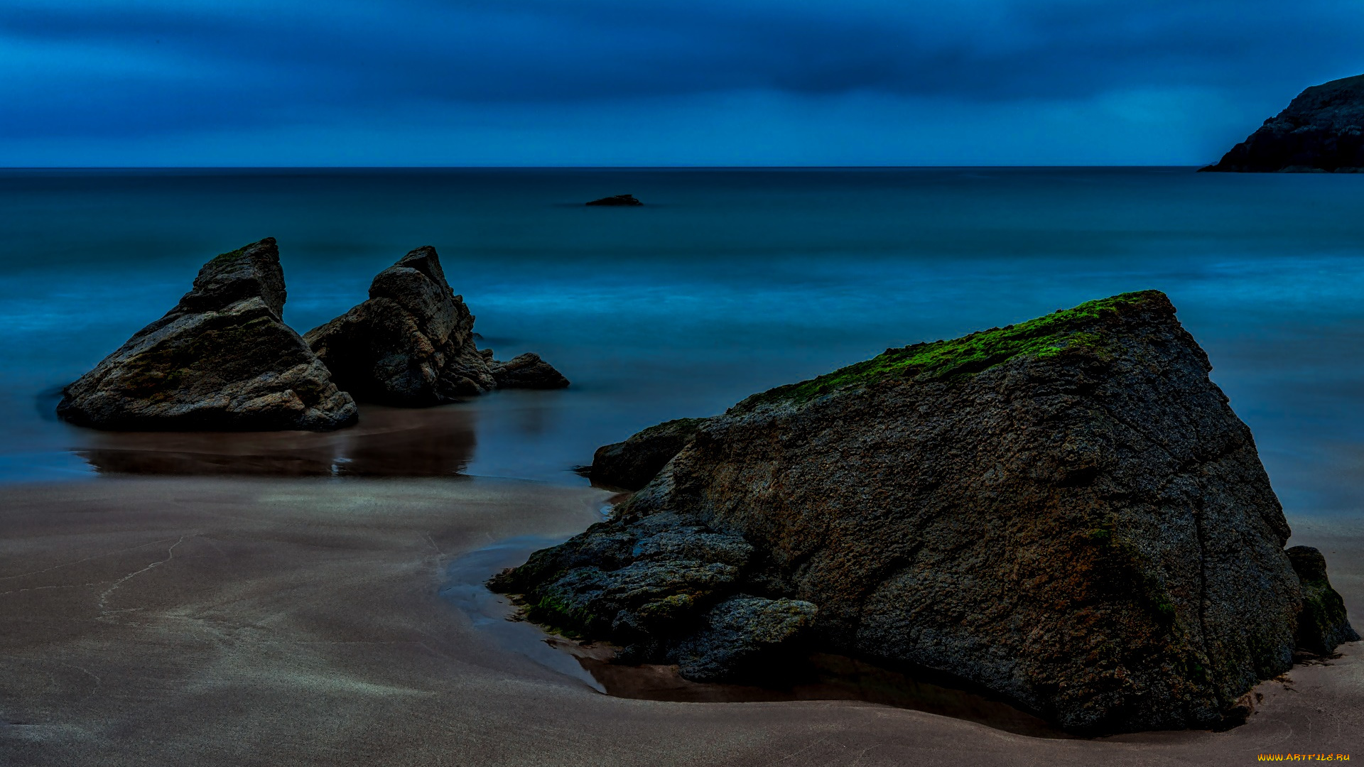 природа, побережье, ночь, море, камни
