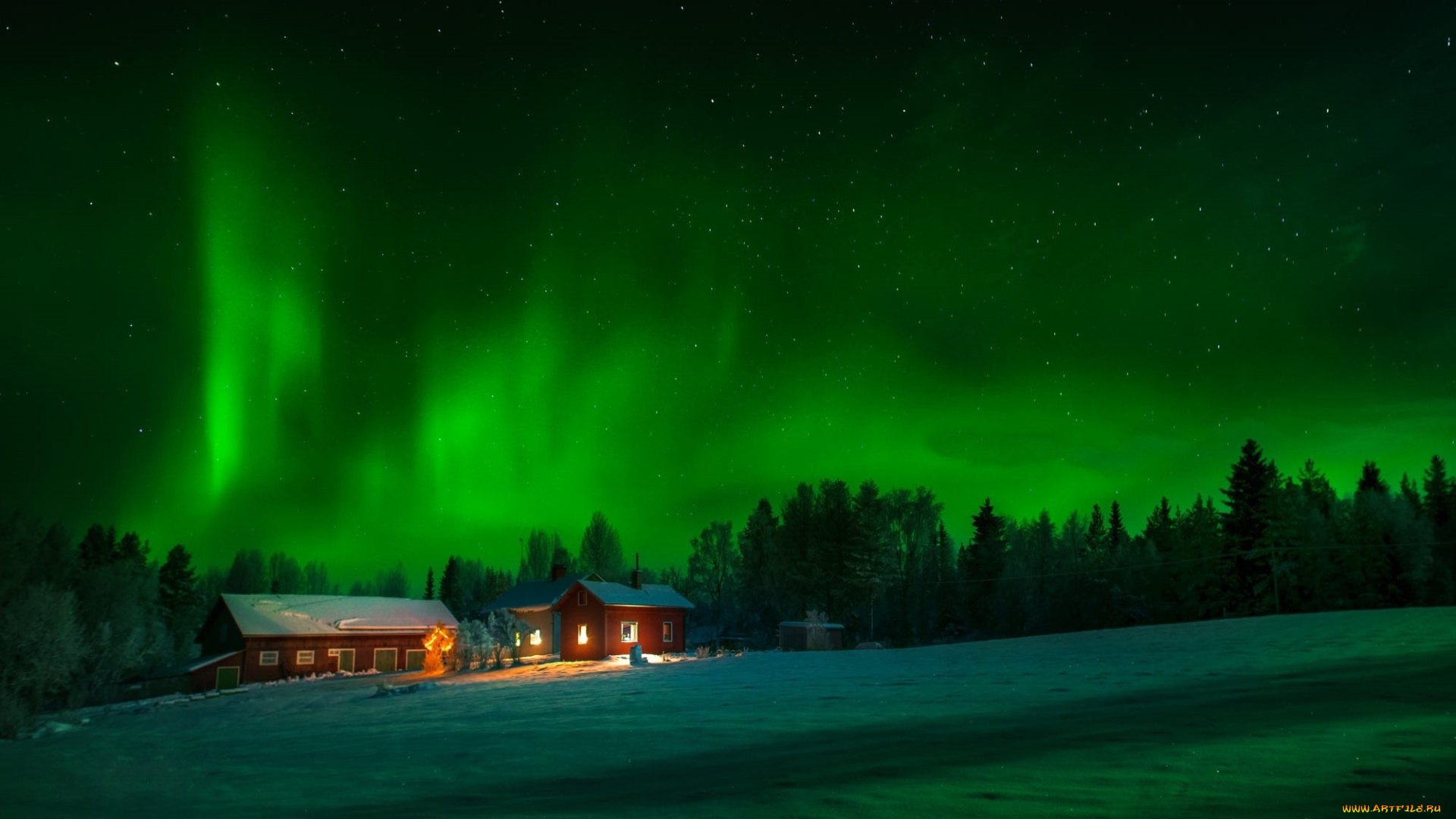 природа, северное, сияние, ночь, небо, деревья, дома, снег