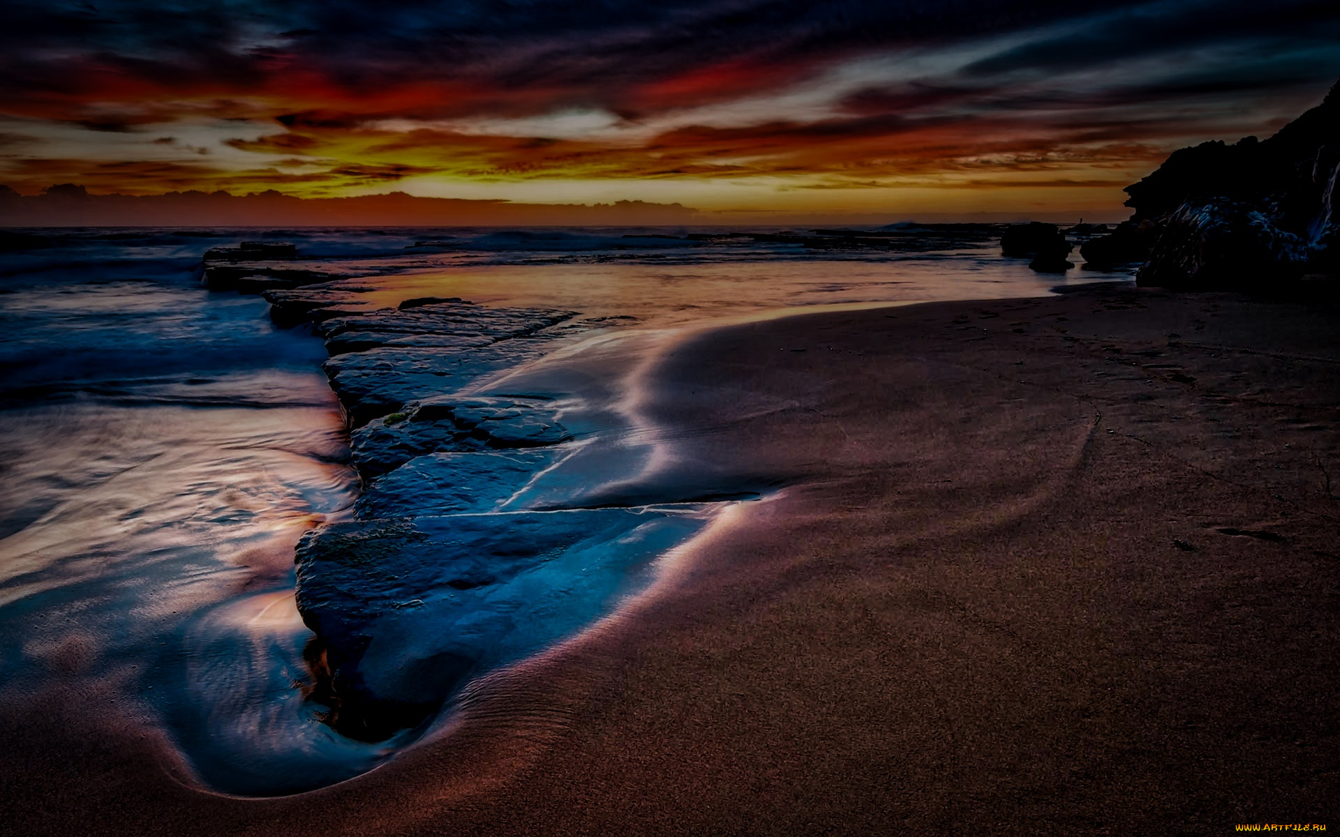 природа, побережье, ночь, камни, море