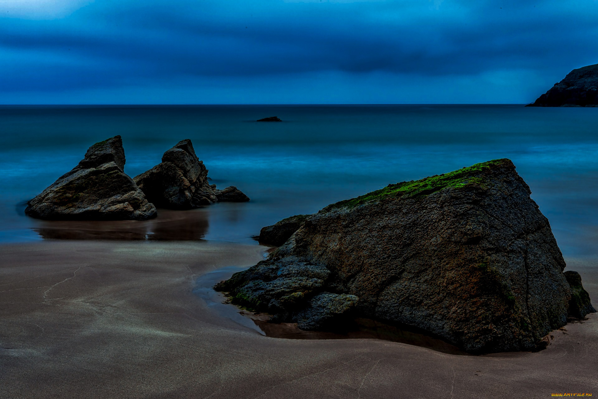 природа, побережье, ночь, море, камни