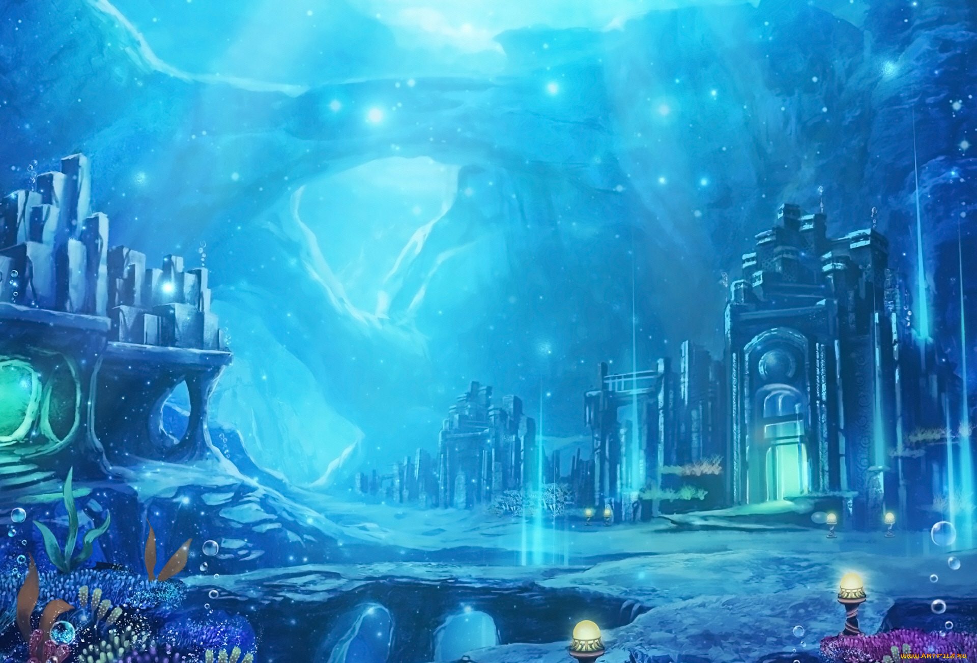 аниме, город, , улицы, , интерьер, , здания, под, водой