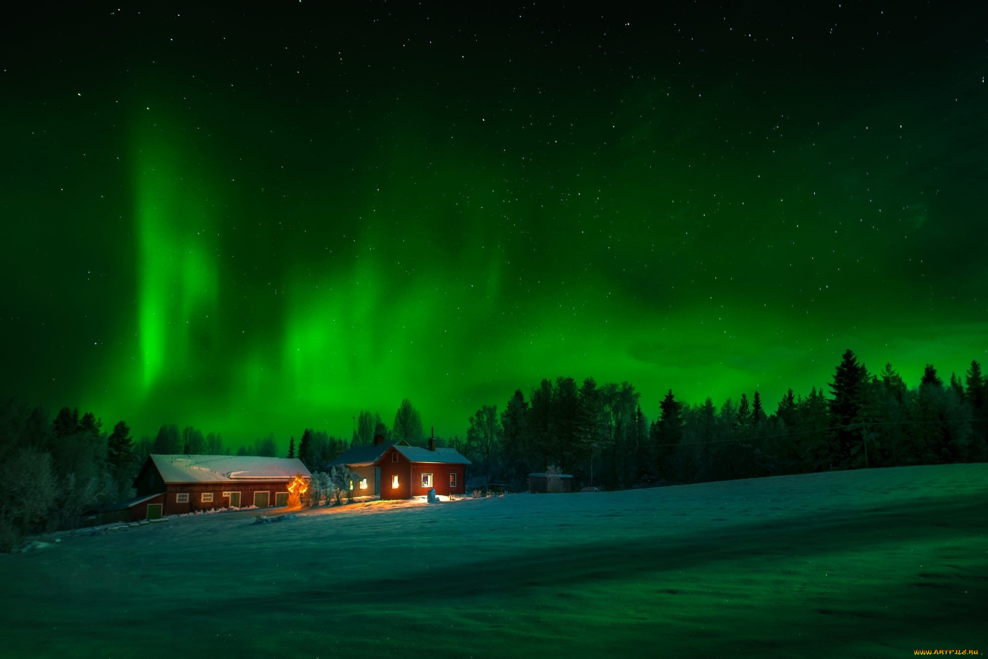 природа, северное, сияние, ночь, небо, деревья, дома, снег