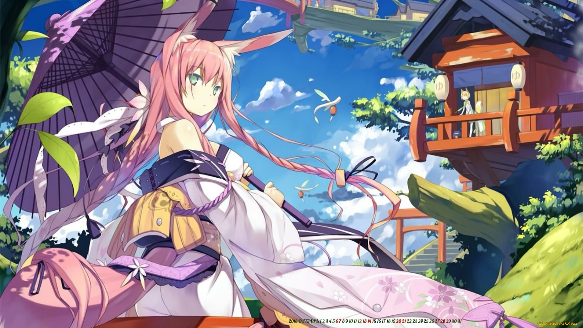 календари, аниме, девушка, существо, зонт