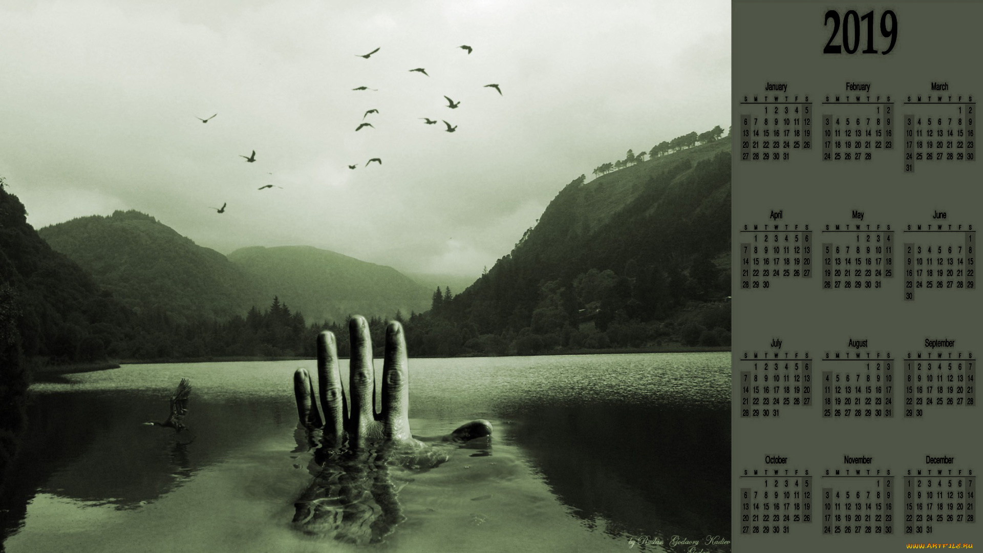 календари, компьютерный, дизайн, рука, водоем, природа, птица