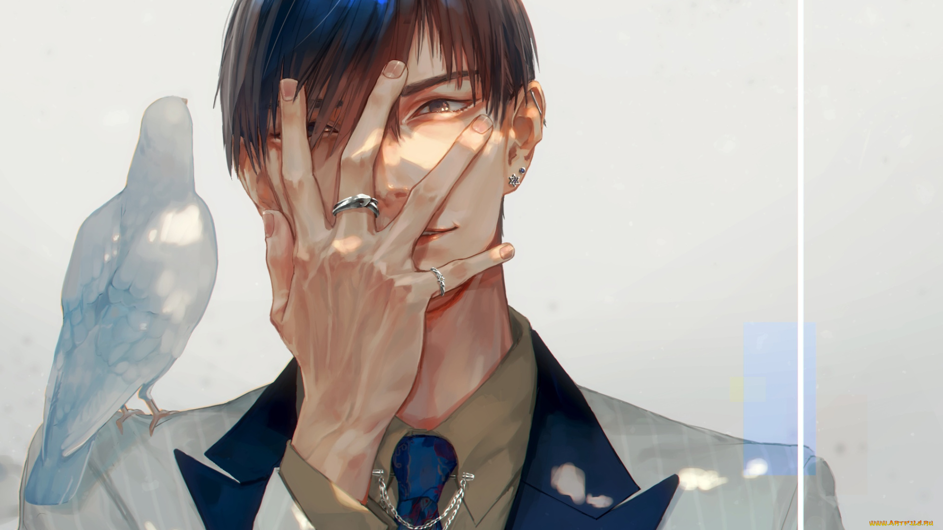 аниме, unknown, , другое, , парень, рука, голубь, птица, пиджак, галстук